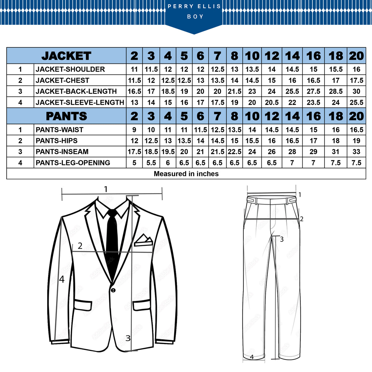 Size chart for Perry Ellis