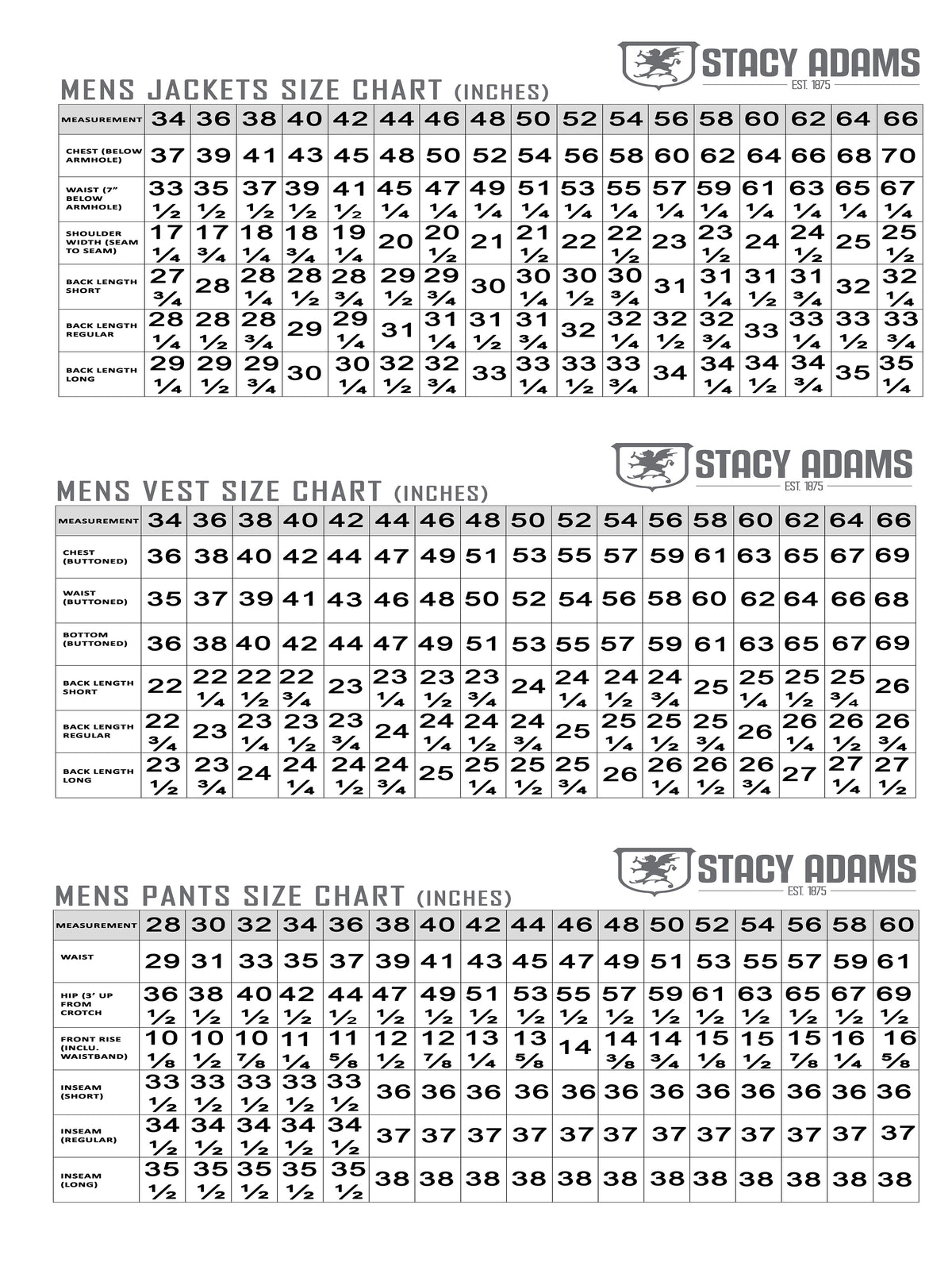 Size chart for Stacy Adams