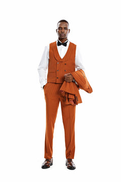 Tazio Skinny Fit Pinstriped Suit, Terracotta Burnt Orange - Julinie