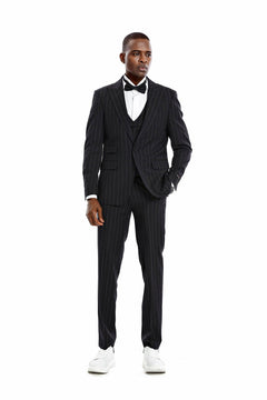 Tazio Skinny Fit Pinstriped Suit, Black - Julinie