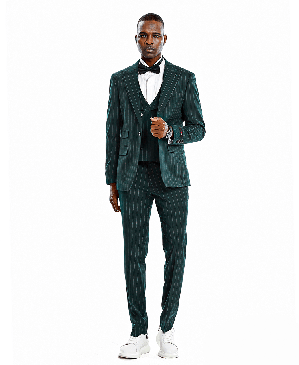A man wearing a green suit with white pinstripes and a black bowtie. 3-piece suit with a double-breasted vest.