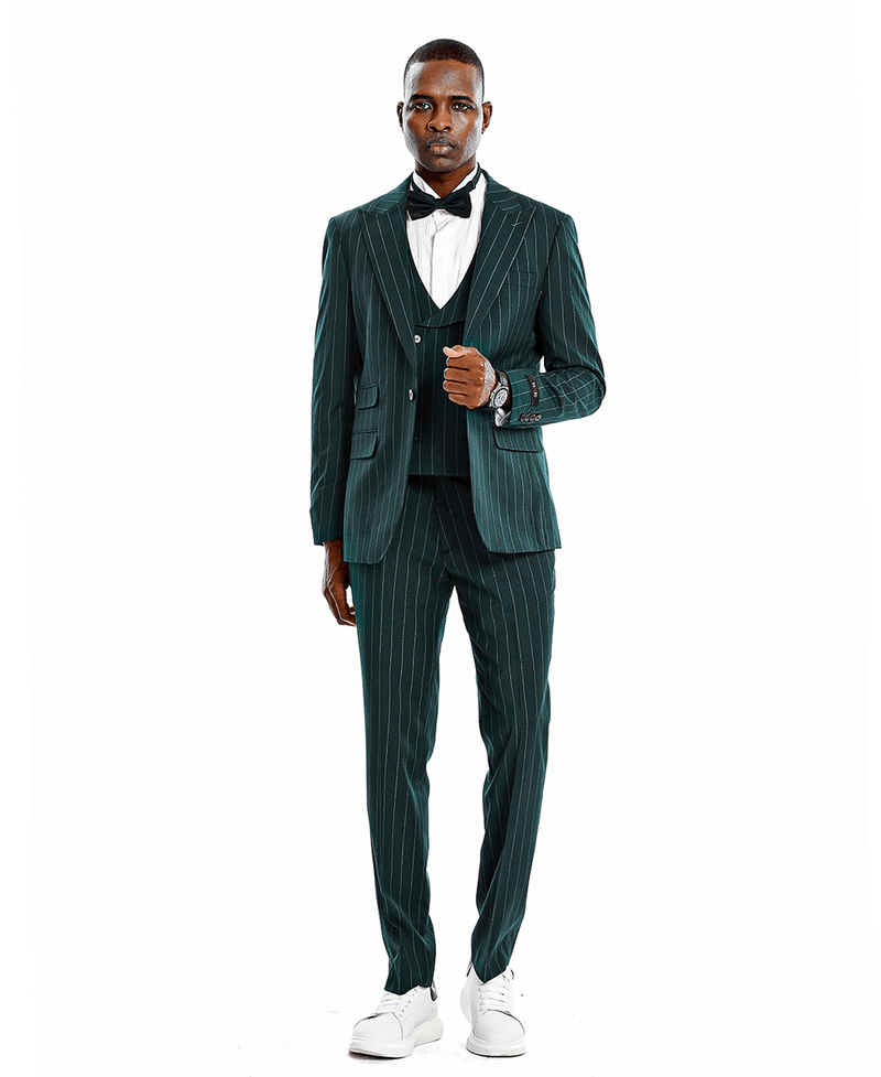 A man wearing a green suit with white pinstripes and a black bowtie. 3-piece suit with a double-breasted vest.