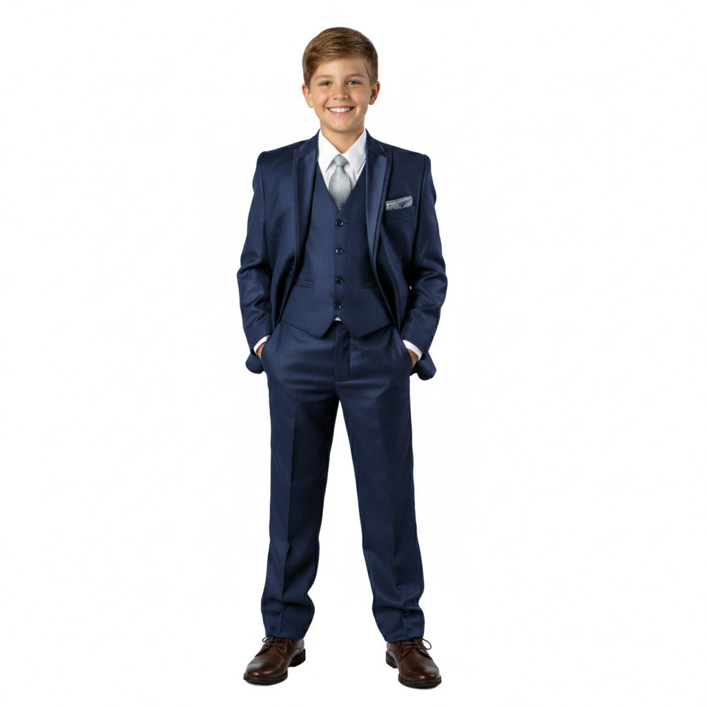 Boy's Suit 3pc Navy Blue Peak Lapel With Satin Detailing Includes Free Dress Shirt & Tie Formal Suits For Boys