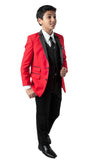 Tazio Regular Fit Boys Satin Lapel Suit 4pc Set, Red/Black