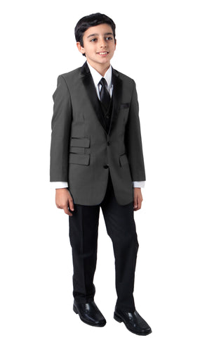 Tazio Regular Fit Boys Satin Lapel Suit 4pc Set, Charcoal/Black