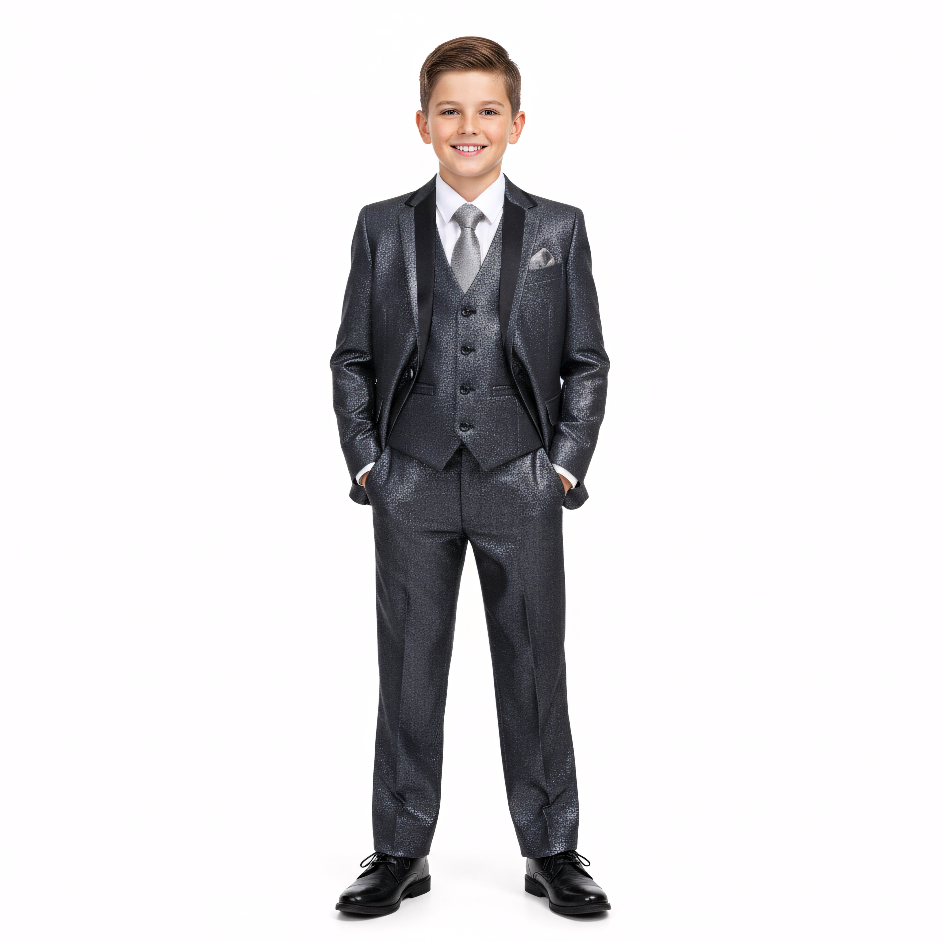 Boy's Tuxedo 3pc Charcoal Notch Lapel With Satin Trim Includes Free Dress Shirt & Tie Formal Tuxedo For Boys
