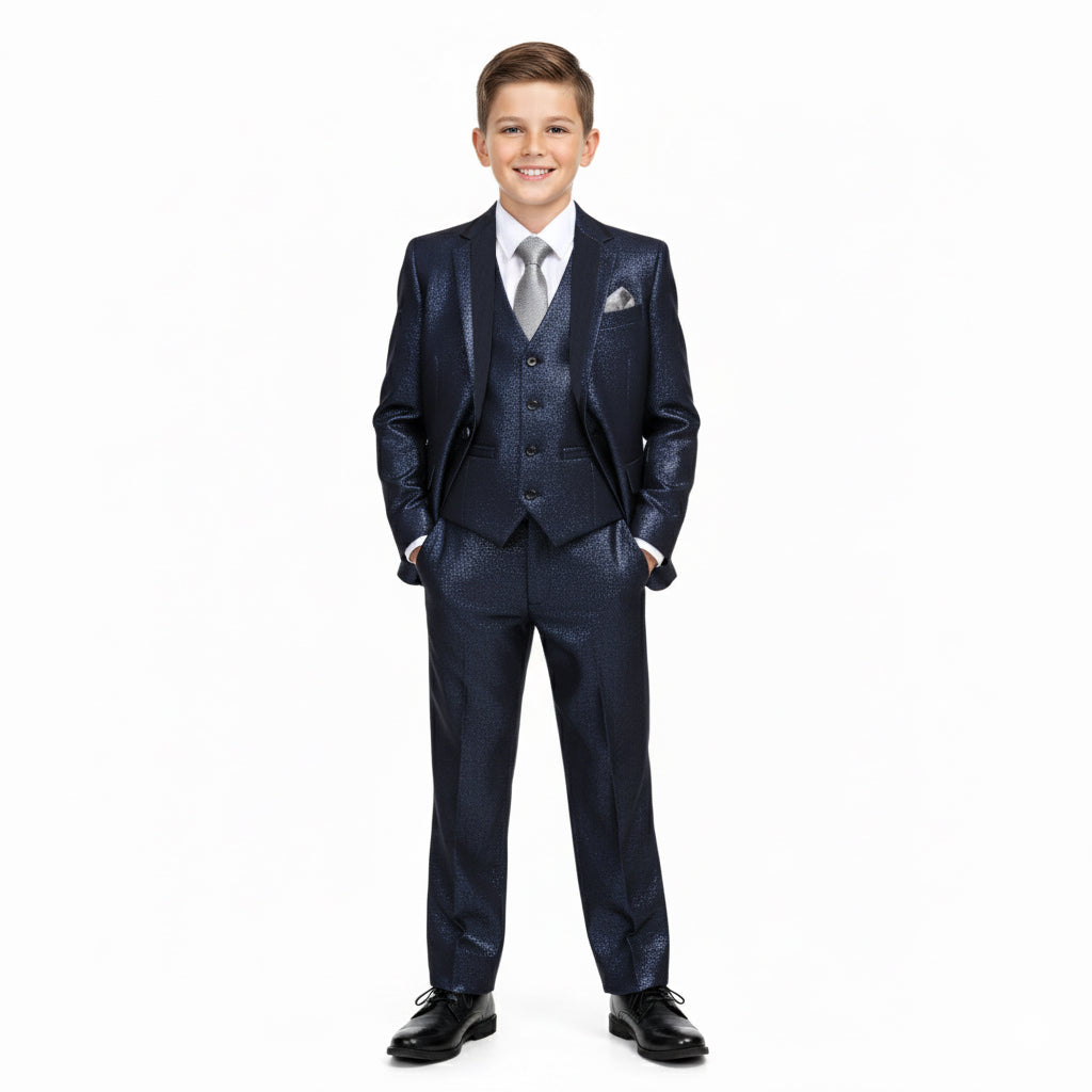 Boy's Tuxedo 3pc Navy Notch Lapel With Satin Trim Includes Free Dress Shirt & Tie Formal Tuxedo For Boys