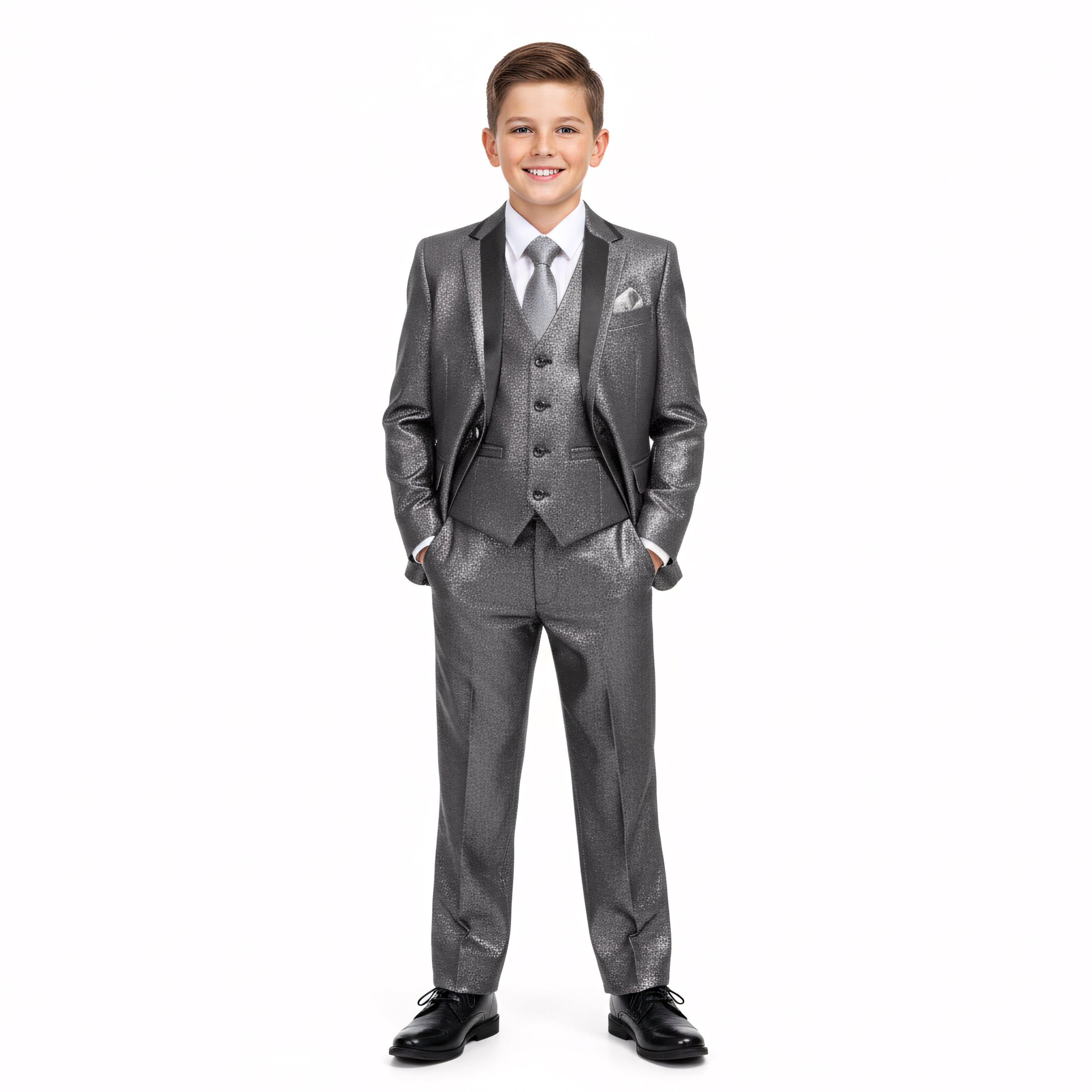 Boy's Tuxedo 3pc Grey Notch Lapel With Satin Trim Includes Free Dress Shirt & Tie Formal Tuxedo For Boys
