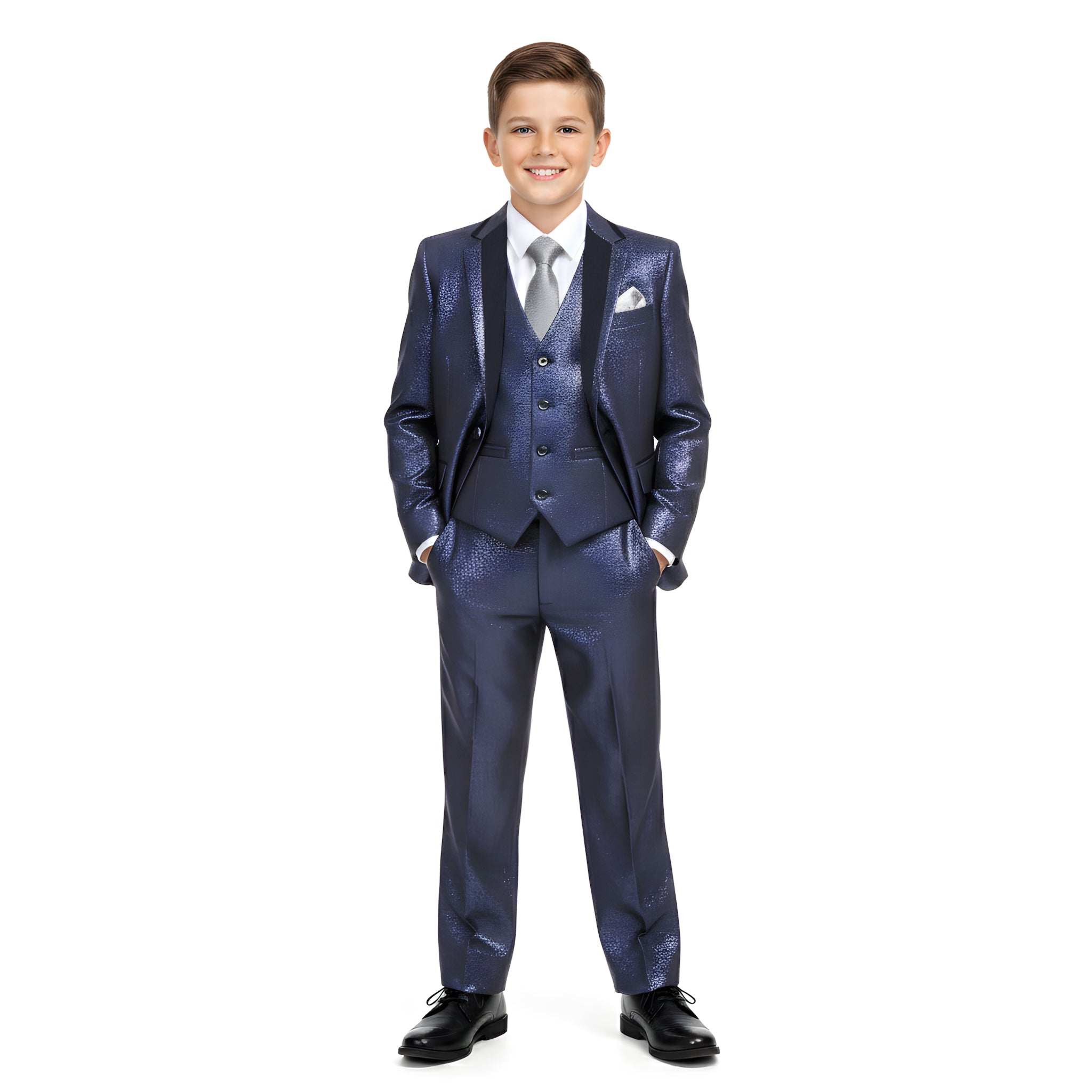 Boy's Tuxedo 3pc Blue Notch Lapel With Satin Trim Includes Free Dress Shirt & Tie Formal Tuxedo For Boys