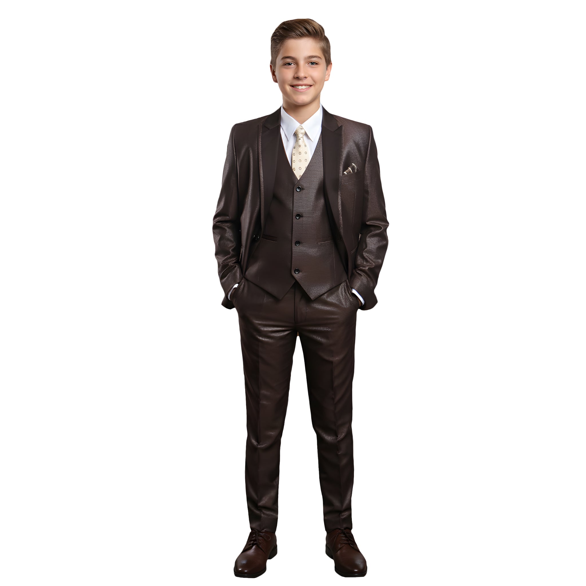 Boy's Tuxedo 3pc Brown Peak Lapel With Satin Detailing Includes Free Dress Shirt & Tie Formal Tuxedo For Boys (Copy)