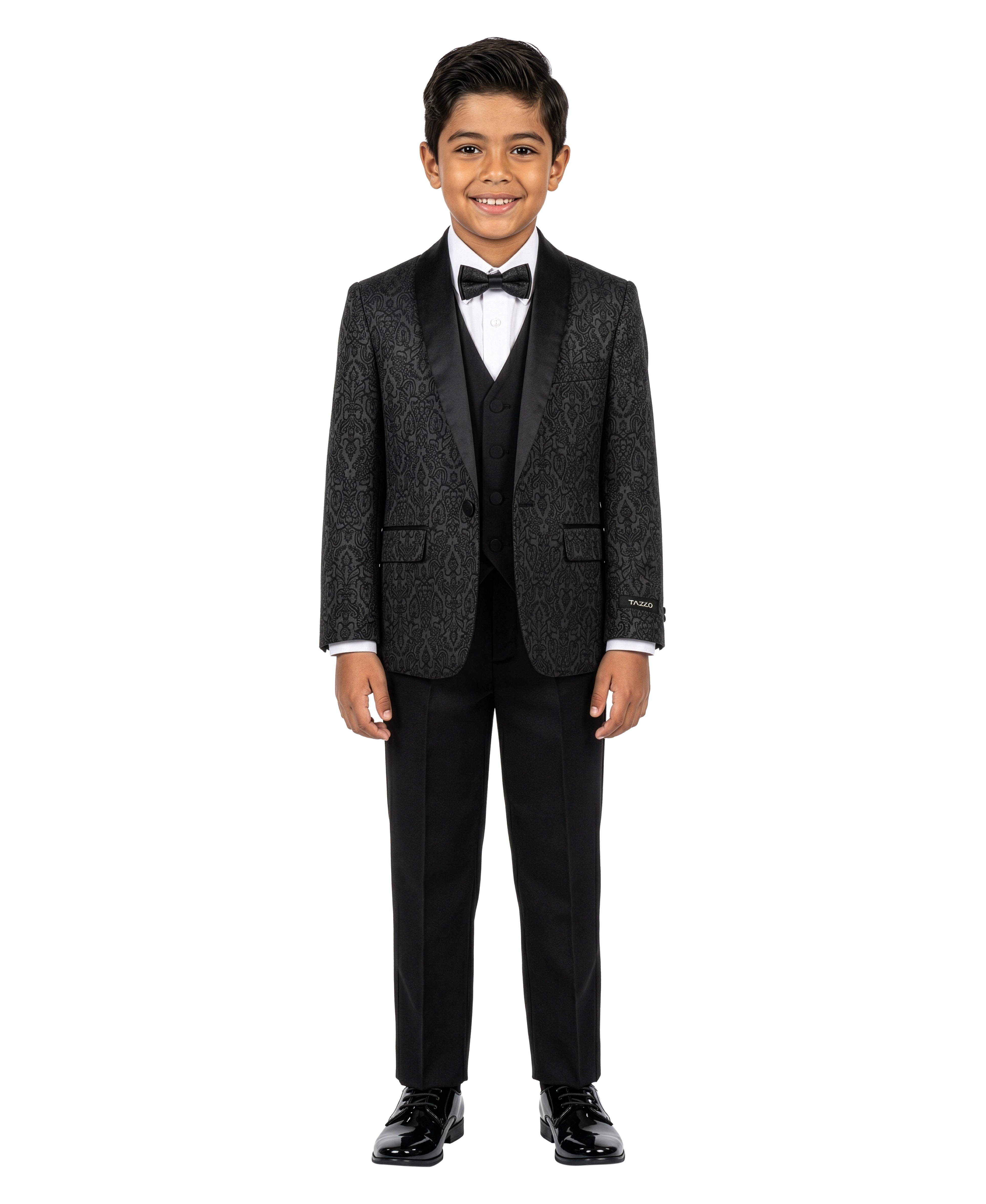 Boy's 5pc Solid SuitBoys' Slim Fit 5-Piece Paisley Tuxedo Set – Satin Shawl Collar