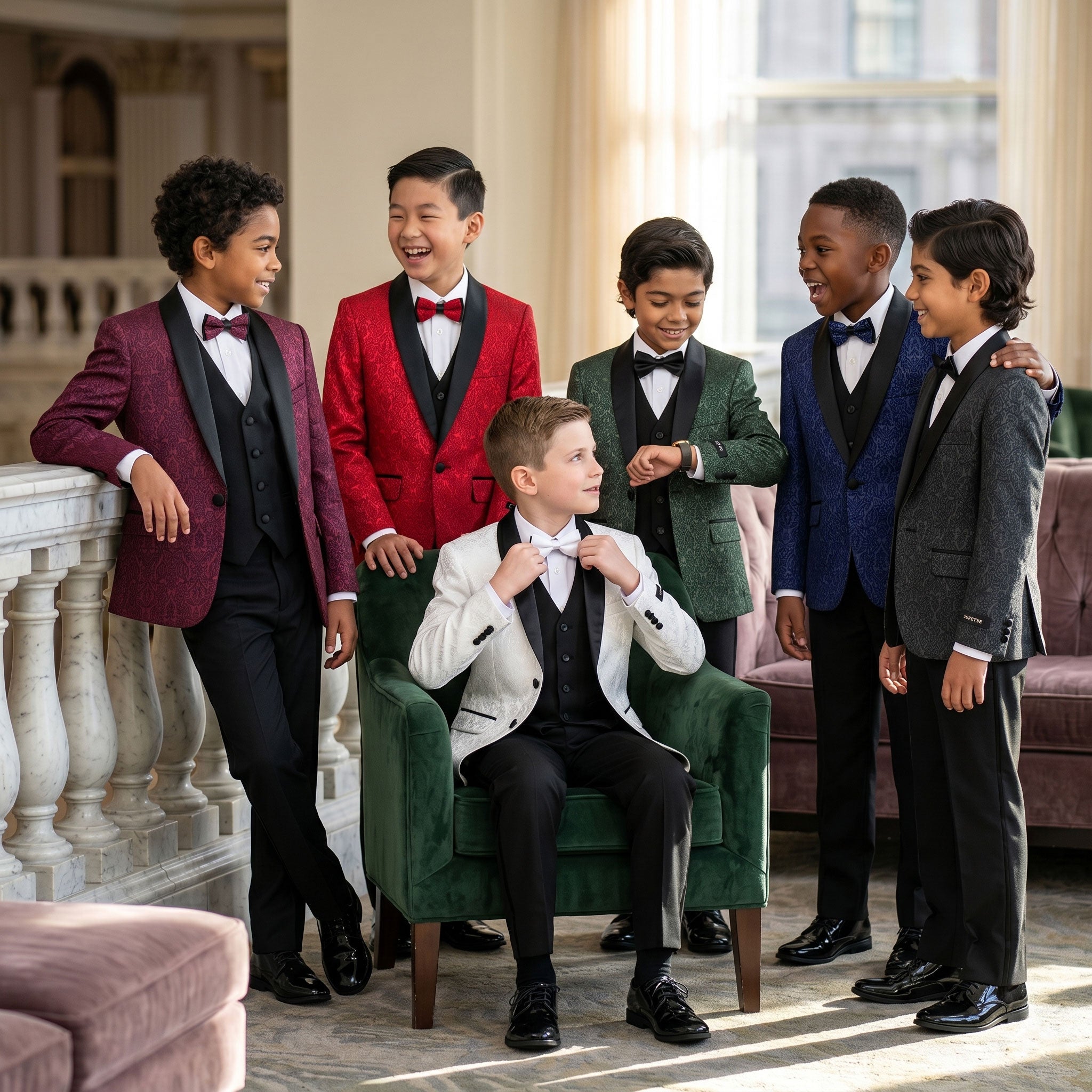 Boy's 5pc Solid SuitBoys' Slim Fit 5-Piece Paisley Tuxedo Set – Satin Shawl Collar