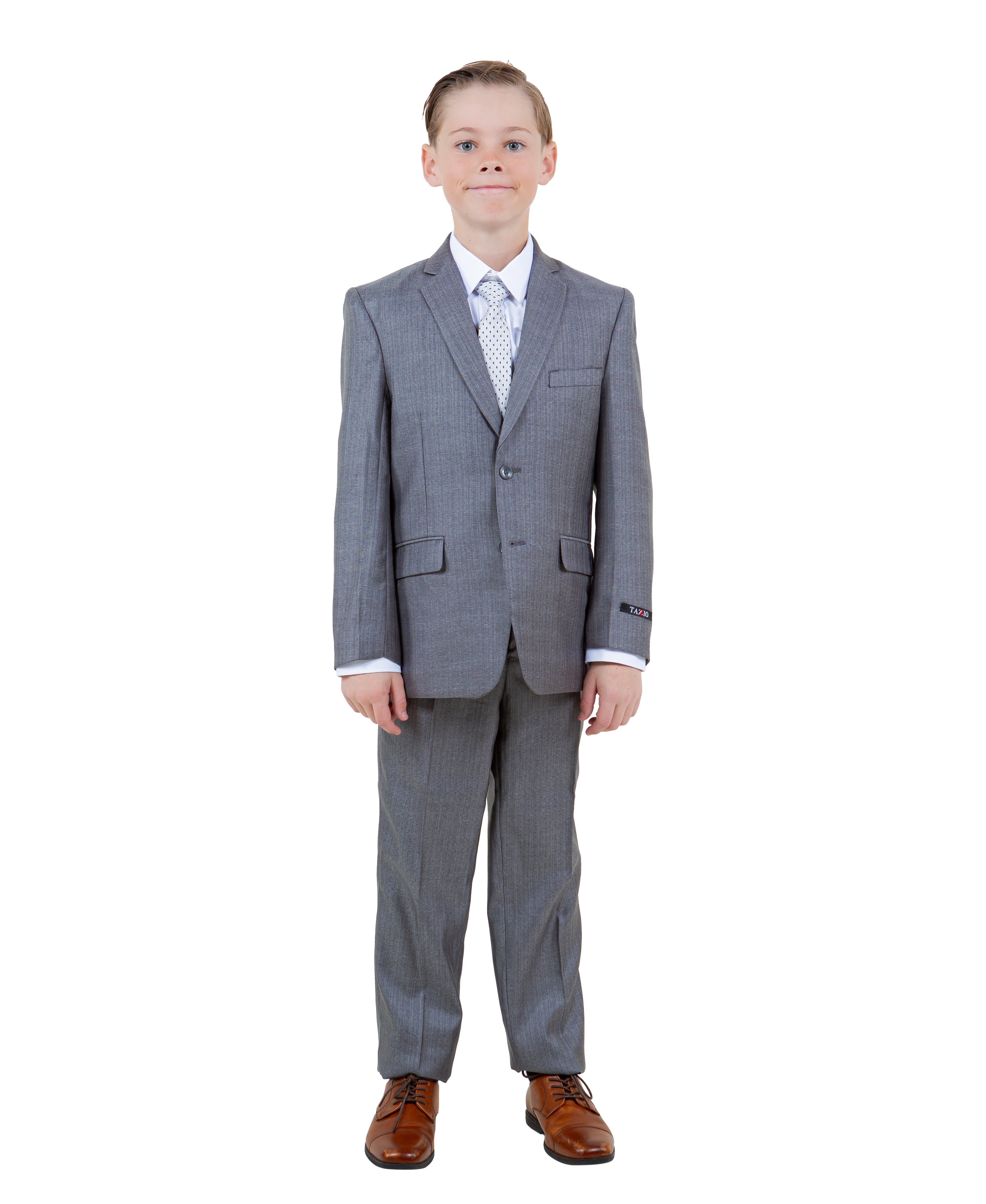 Tazzio Premium Gray Herringbone Boy's Suit | 5-Piece Set for Wedding, Ring Bearer, & Formal Events