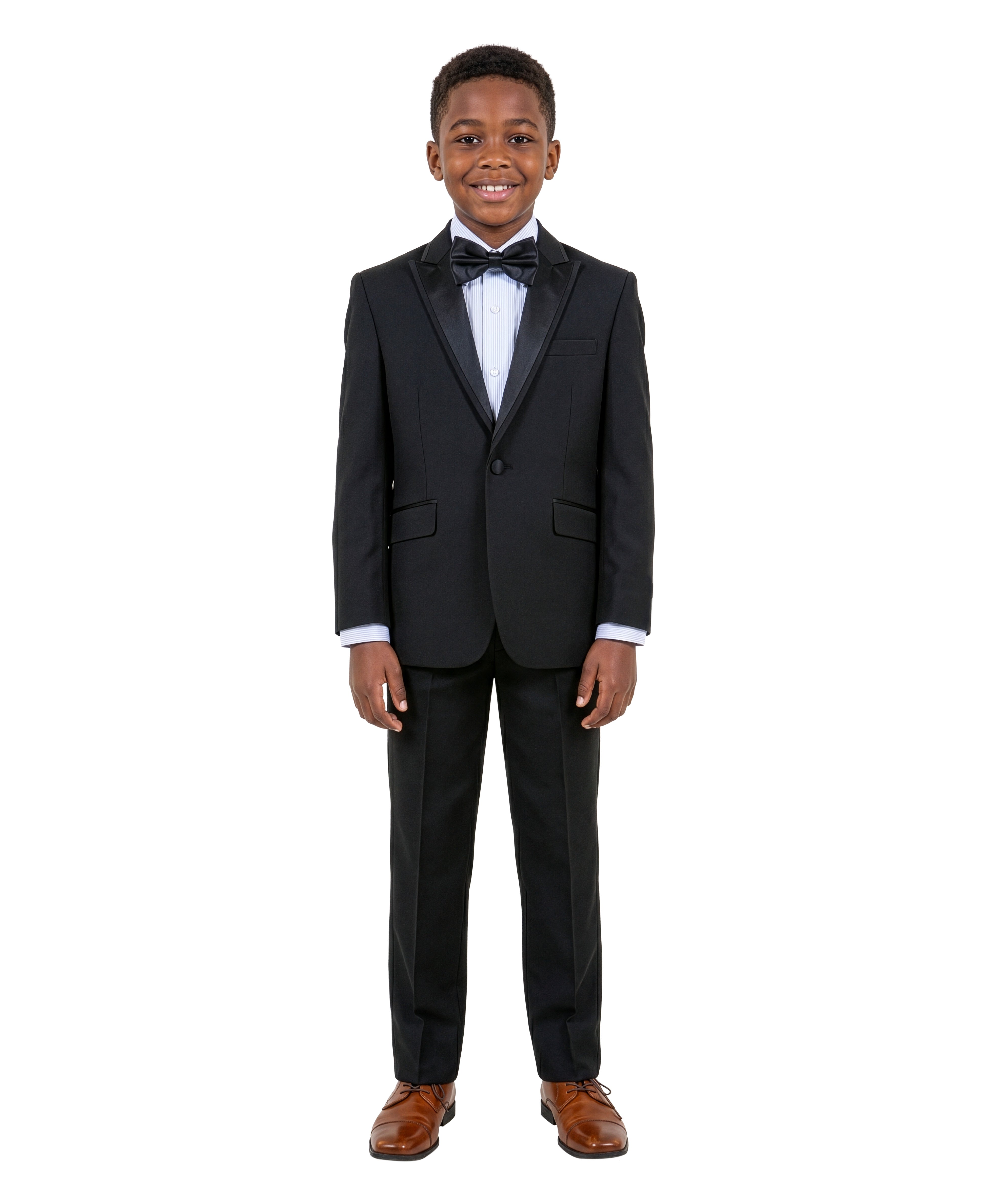 Boys' Modern Fit 4-Piece Tuxedo Set – Satin Peak Lapel with Trim