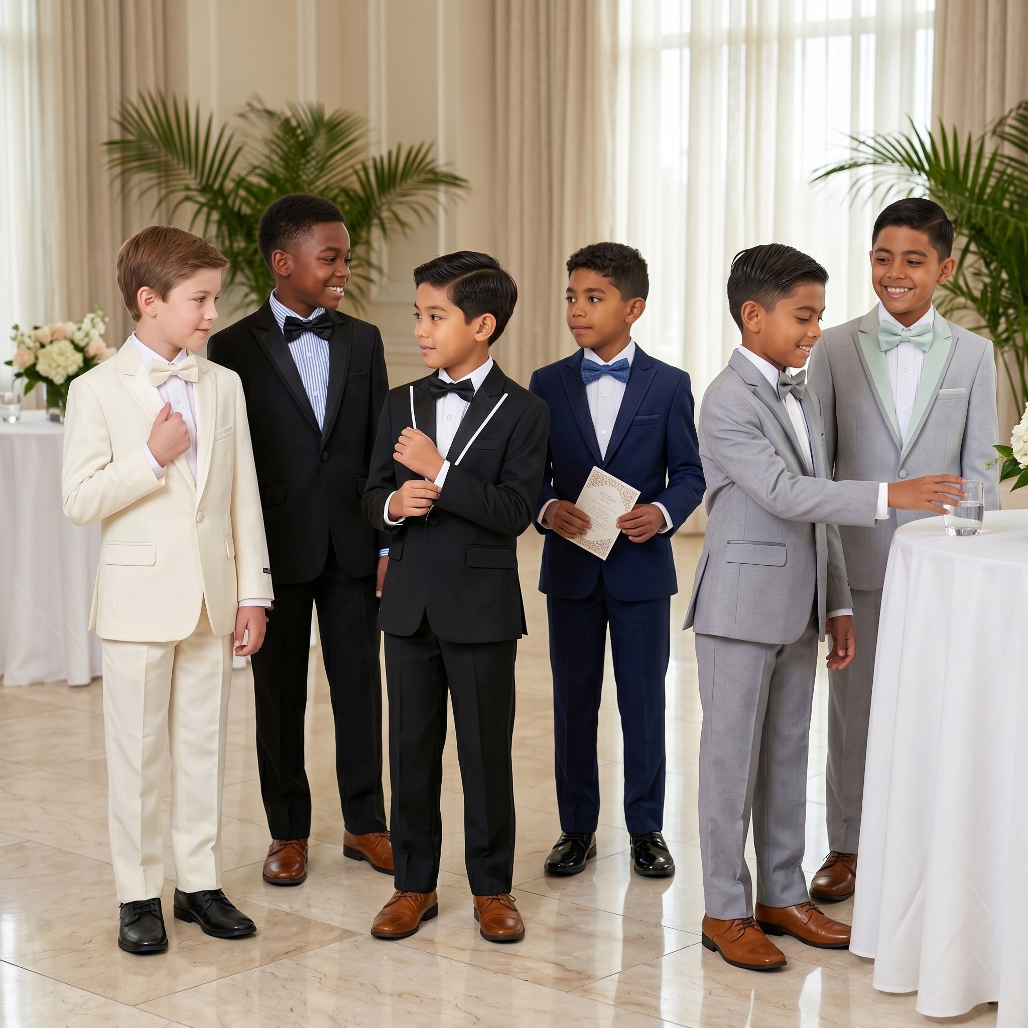 Boys' Modern Fit 4-Piece Tuxedo Set – Satin Peak Lapel with Trim