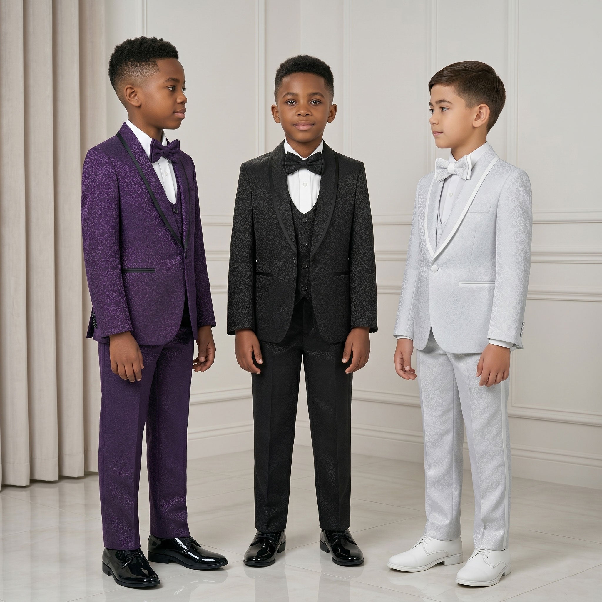 Tazzio Boys' Slim Fit 5-Piece Paisley Tuxedo Set – Shawl Lapel – Black Tie Gala