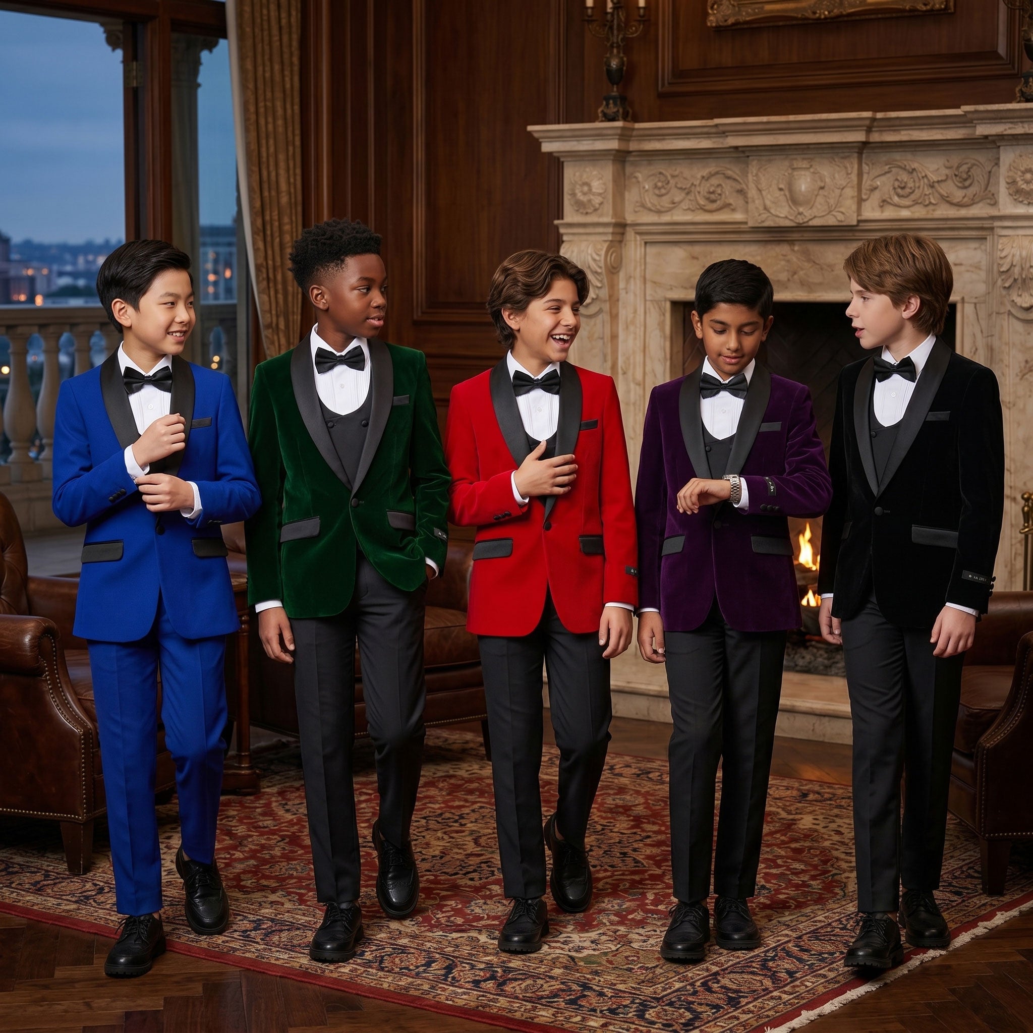 Boys' Slim Fit 5-Piece Velvet Suit Set – Satin Shawl Lapel – Holiday & Formal Events