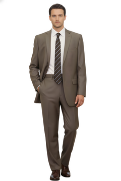 Man wearing a brown suit with a striped tie on a white background