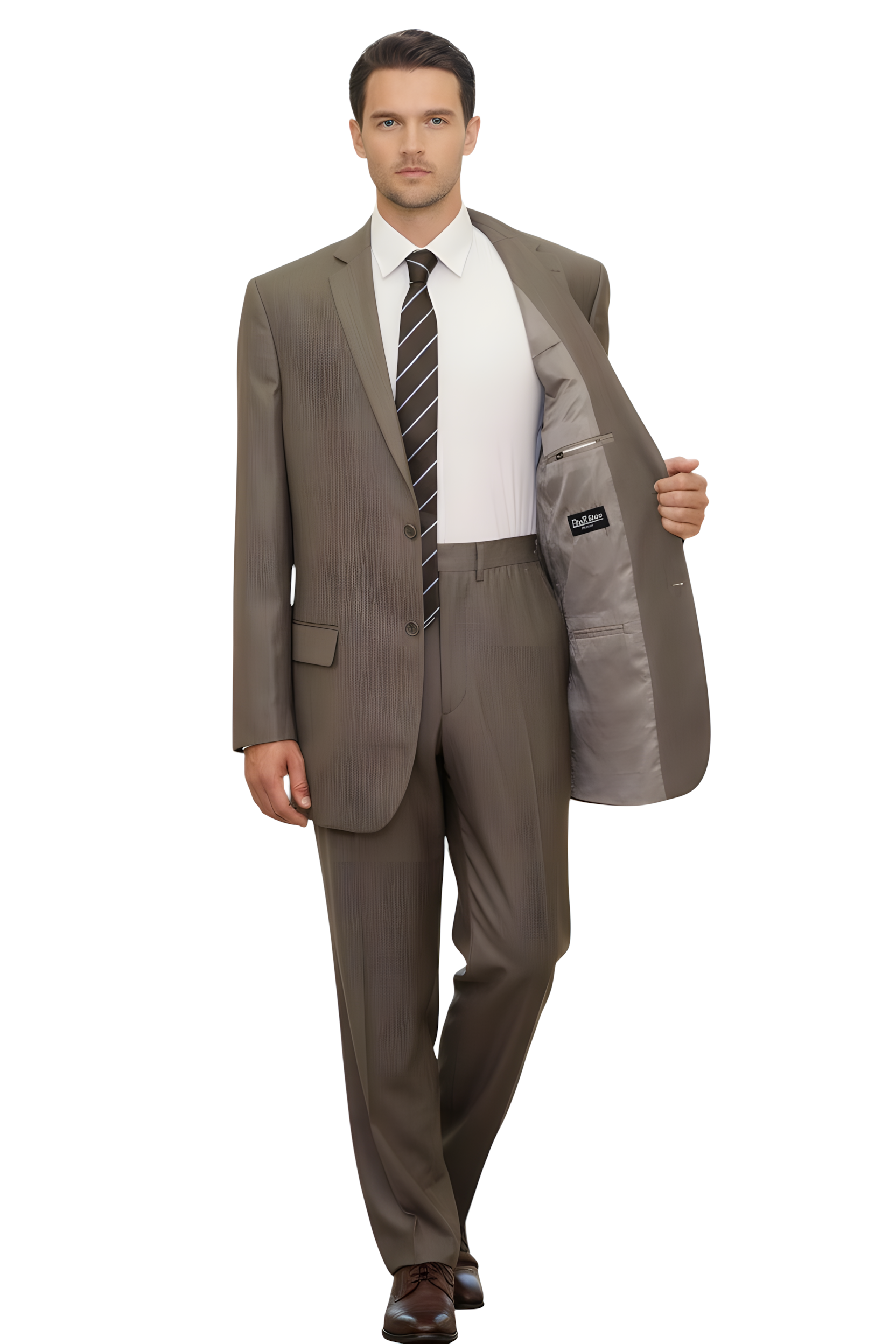 Man wearing a brown suit with a striped tie on a white background