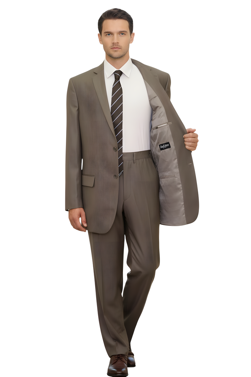 Man wearing a brown suit with a striped tie on a white background