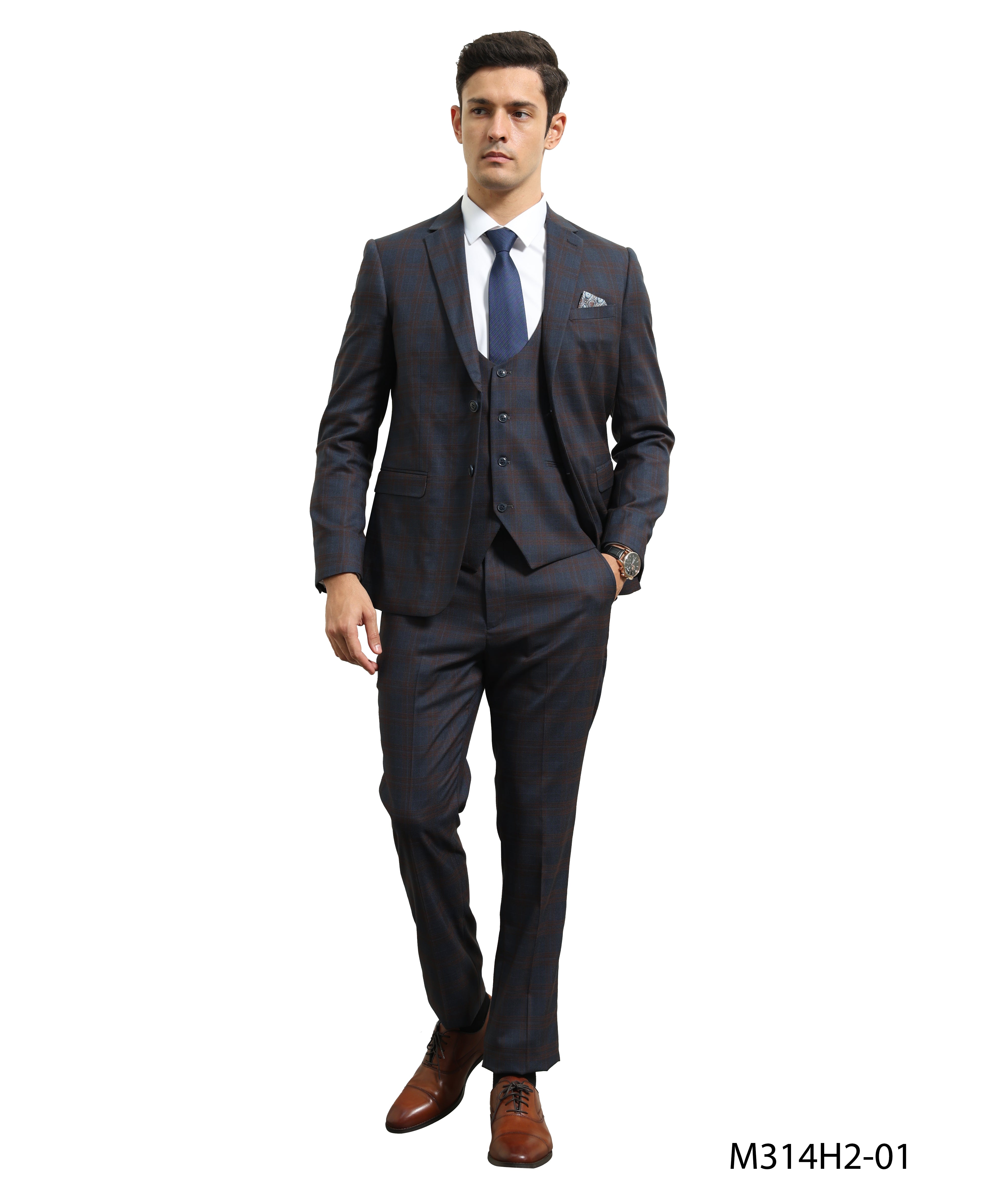 Skinny-Fit Glen Plaid 3pc Suit Set w/ U-Neck Vest