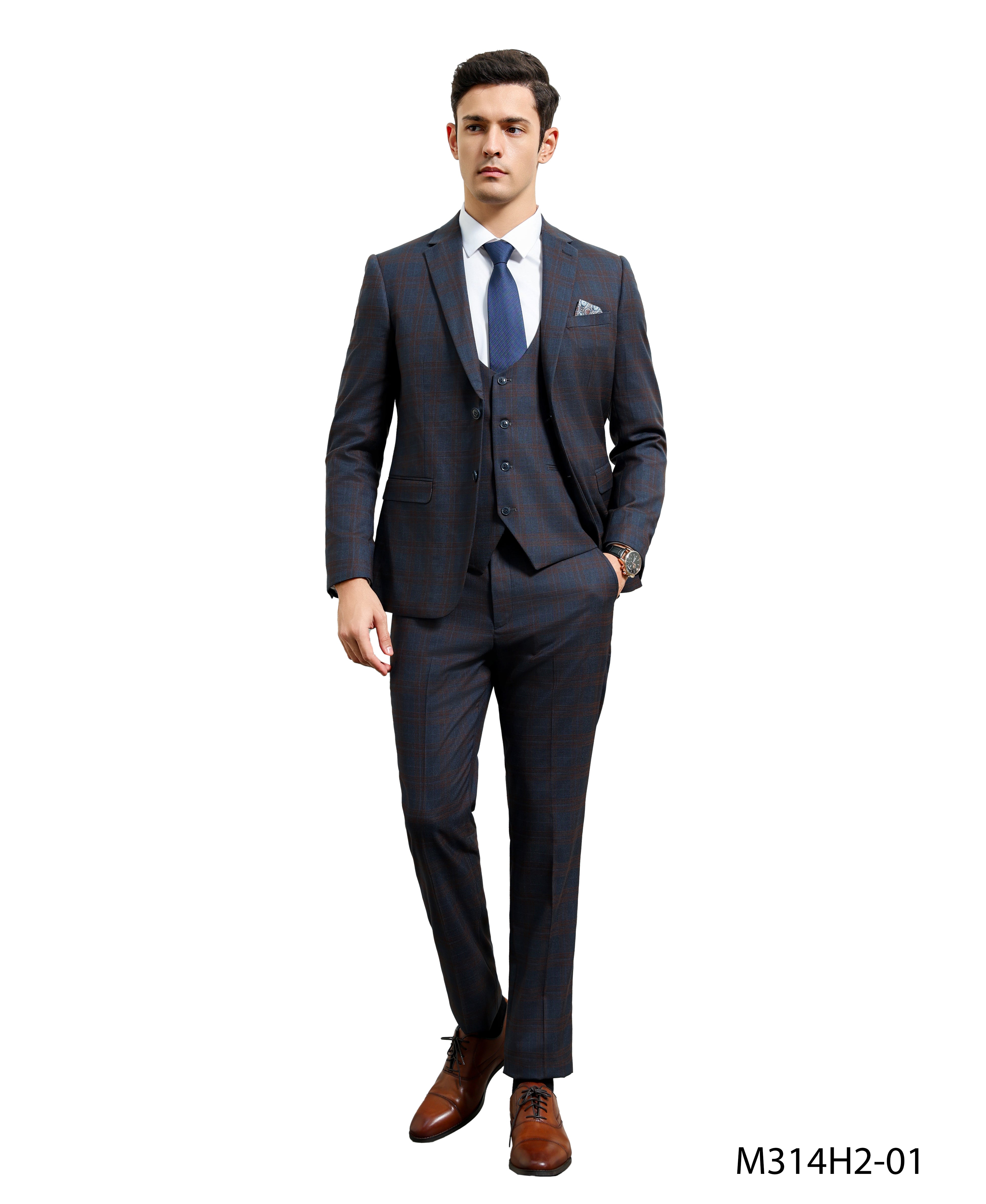 Skinny-Fit Glen Plaid 3pc Suit Set w/ U-Neck Vest