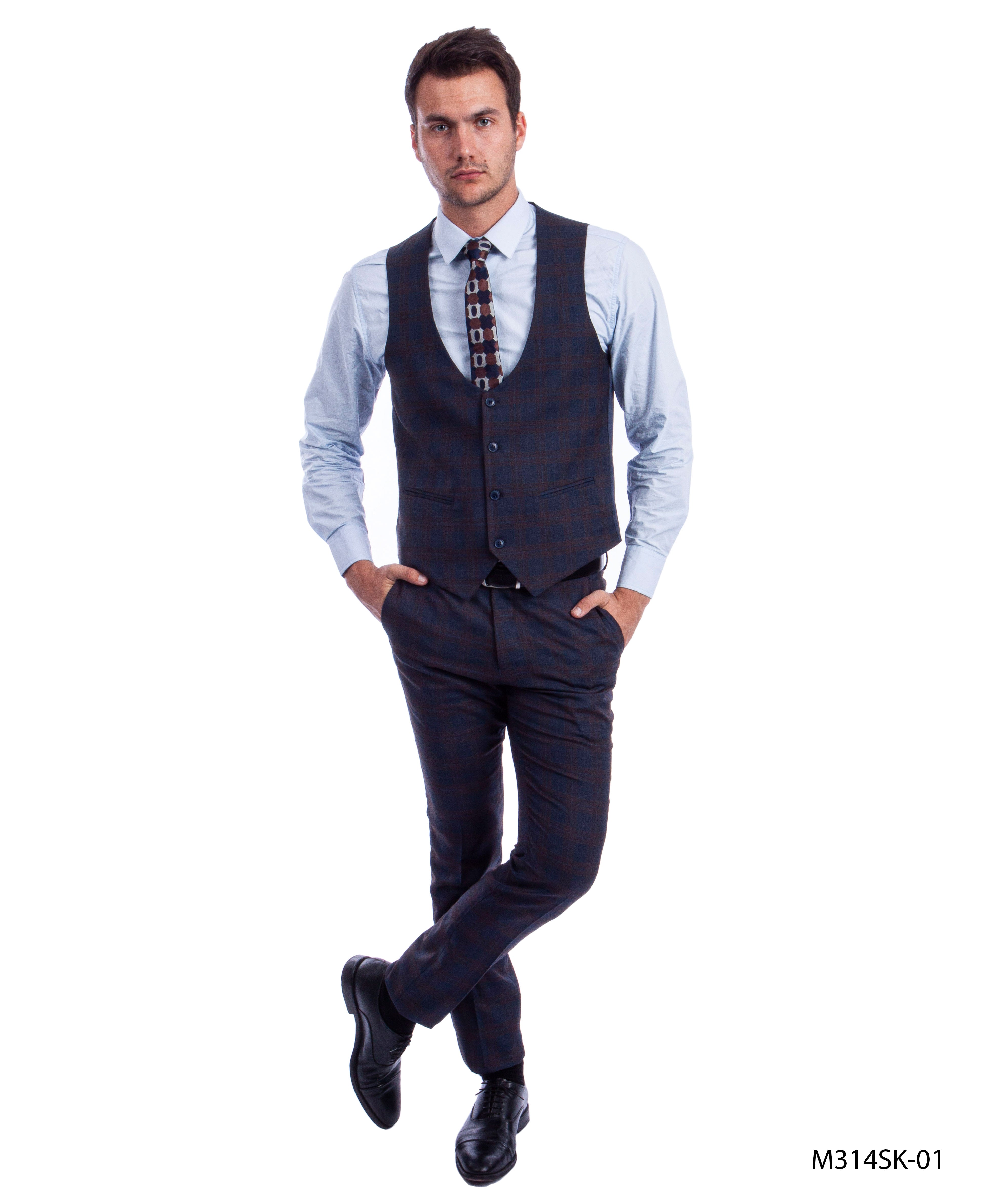 3 PC Plaid Suit Skinny Fit Suits