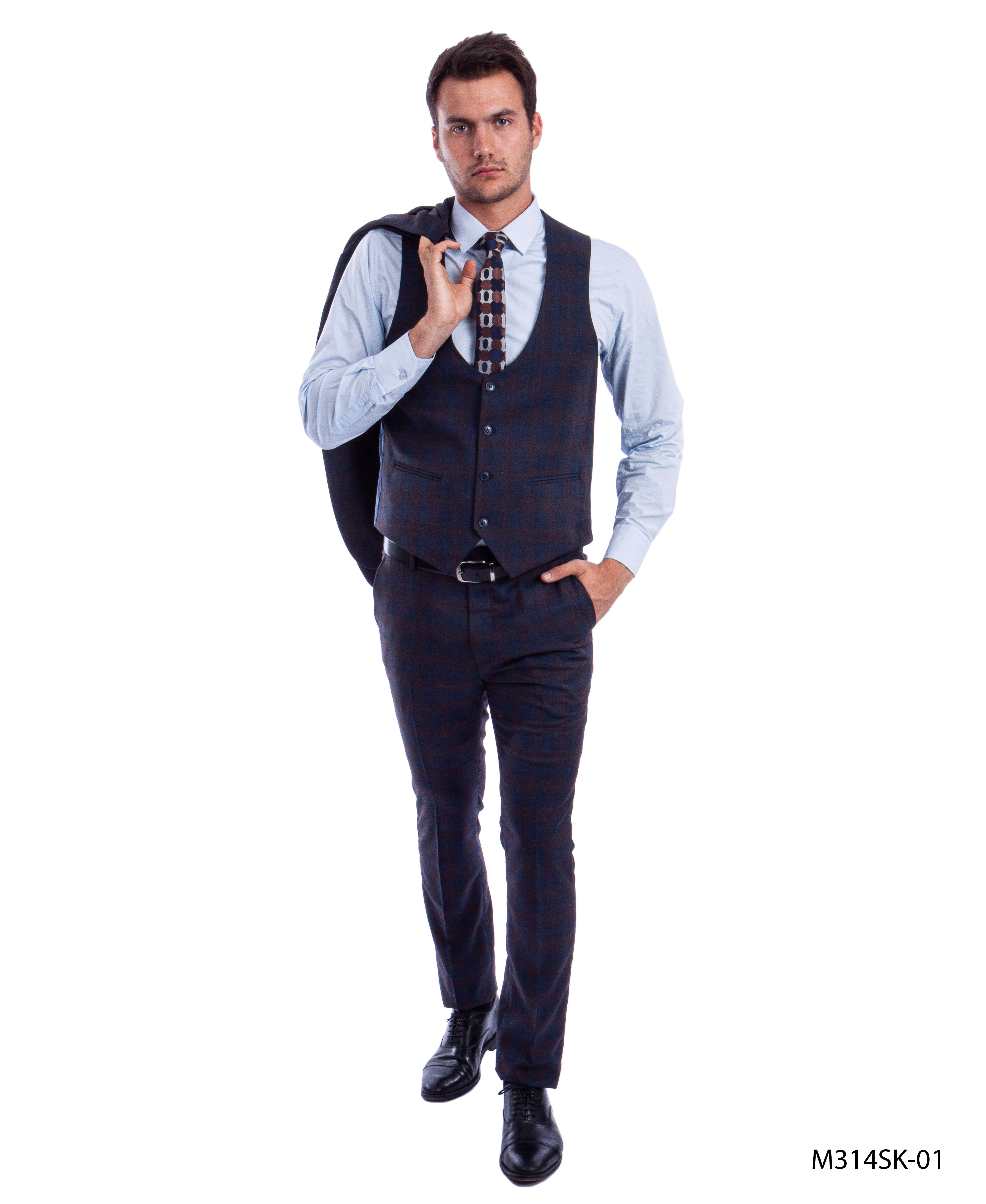3 PC Plaid Suit Skinny Fit Suits