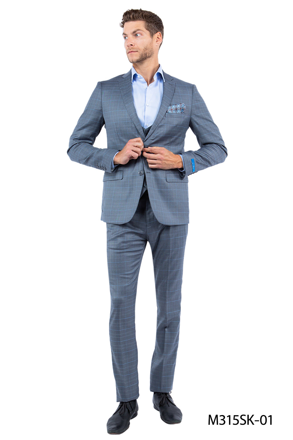 3 PC Plaid Double Breast Vest Suit Skinny Fit