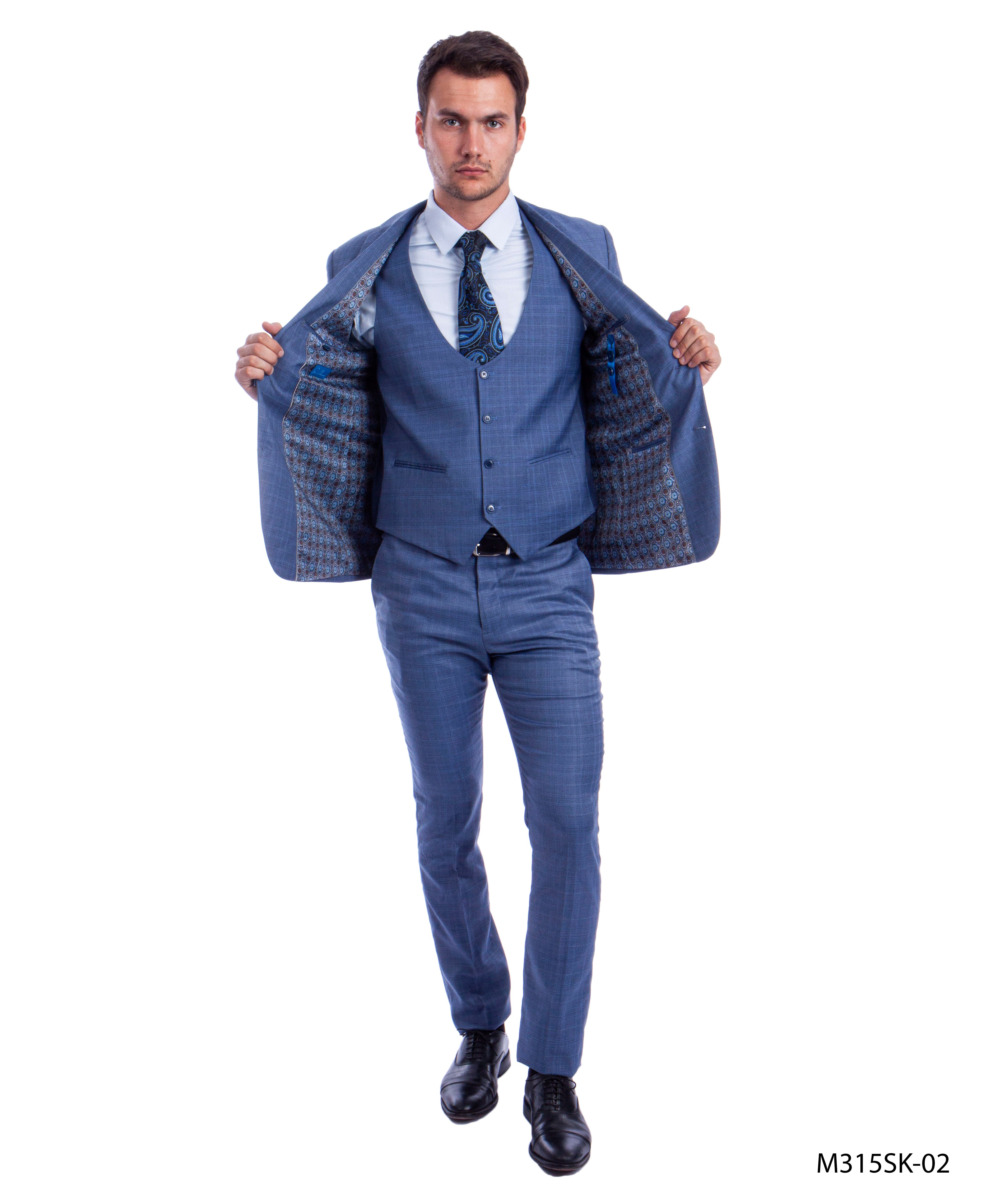 3 PC Plaid Double Breast Vest Suit Skinny Fit