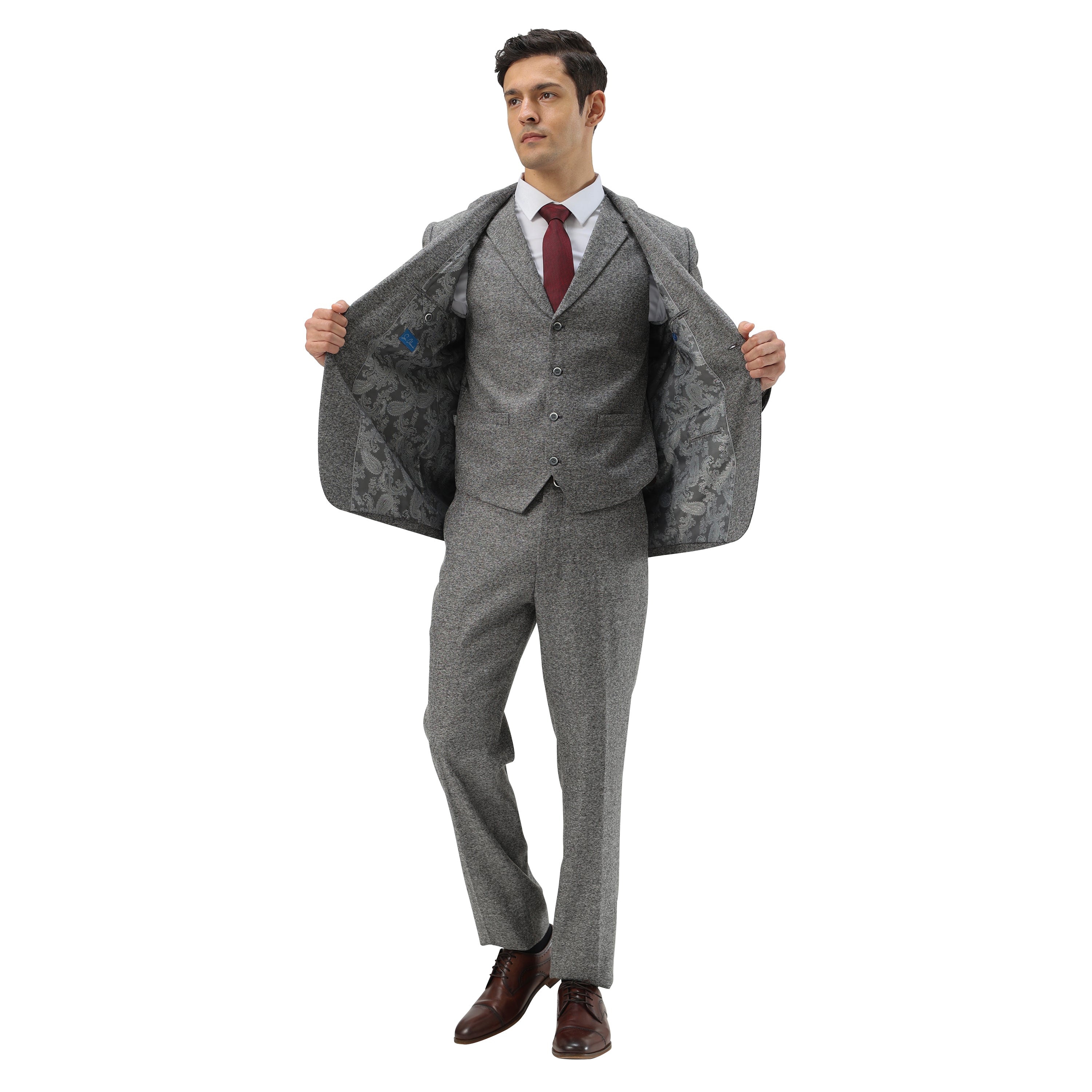 3PC Tweed Suit w/ Expandable Waistband,Grey