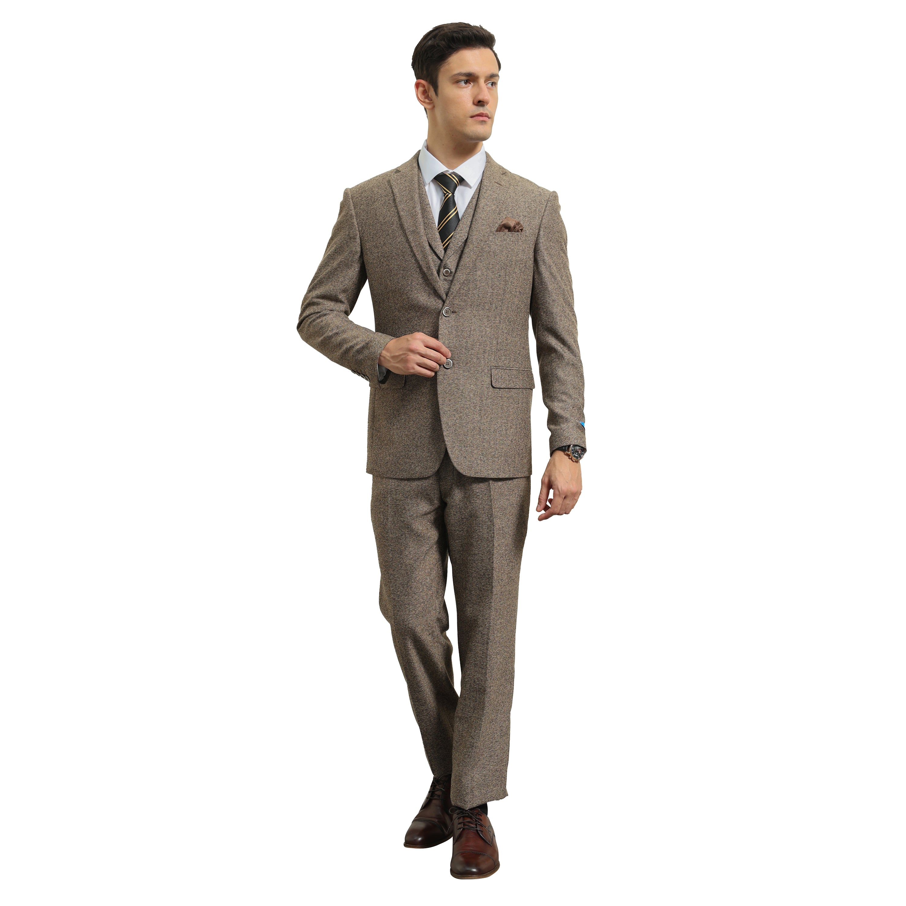 3PC Tweed Suit w/ Expandable Waistband,Tan