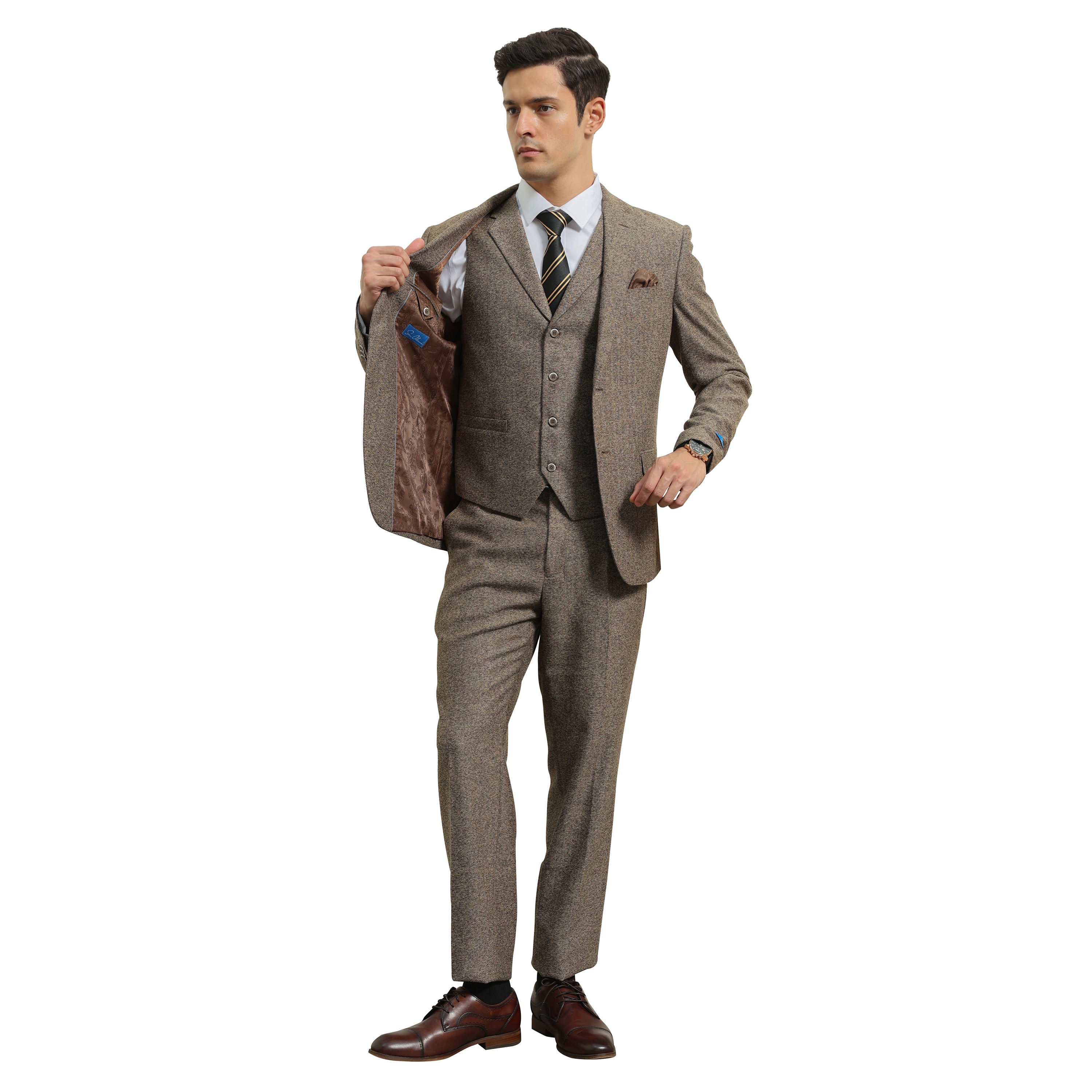 3PC Tweed Suit w/ Expandable Waistband,Tan