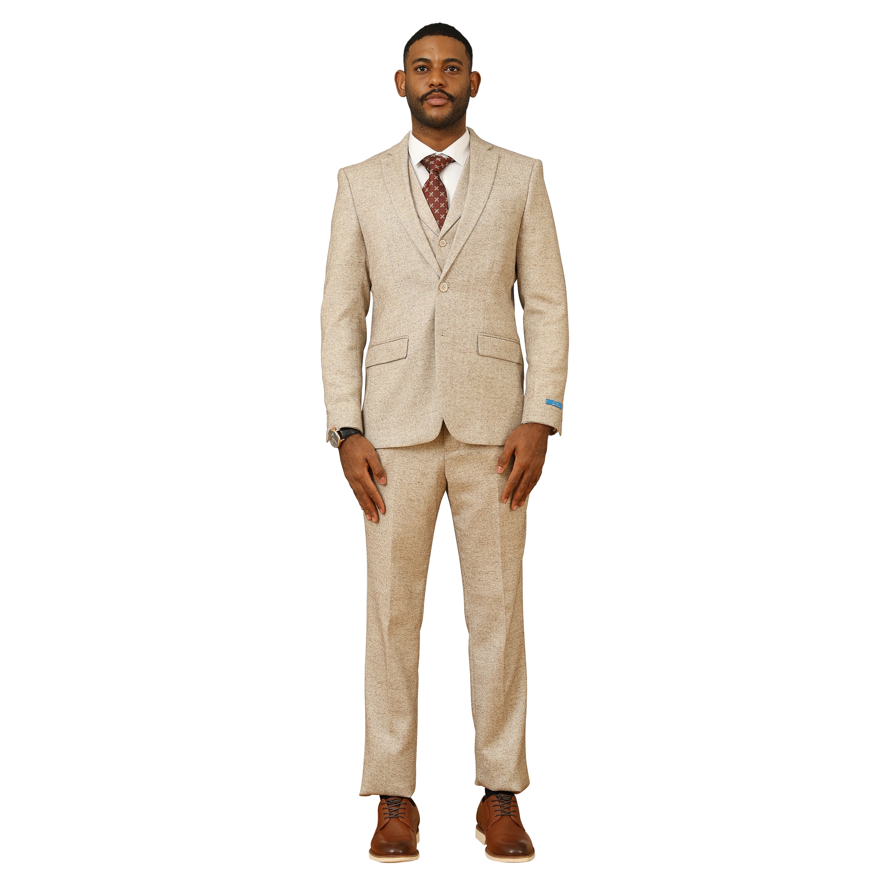 3PC Tweed Suit w/ Expandable Waistband,Beige