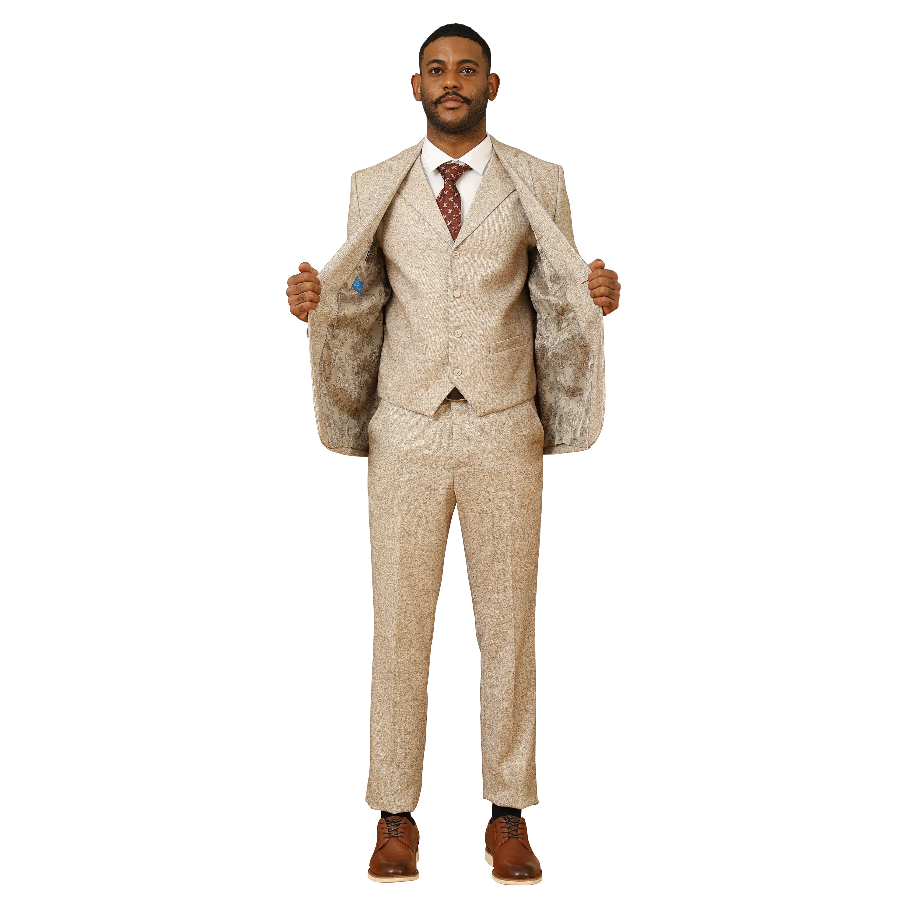 3PC Tweed Suit w/ Expandable Waistband,Beige