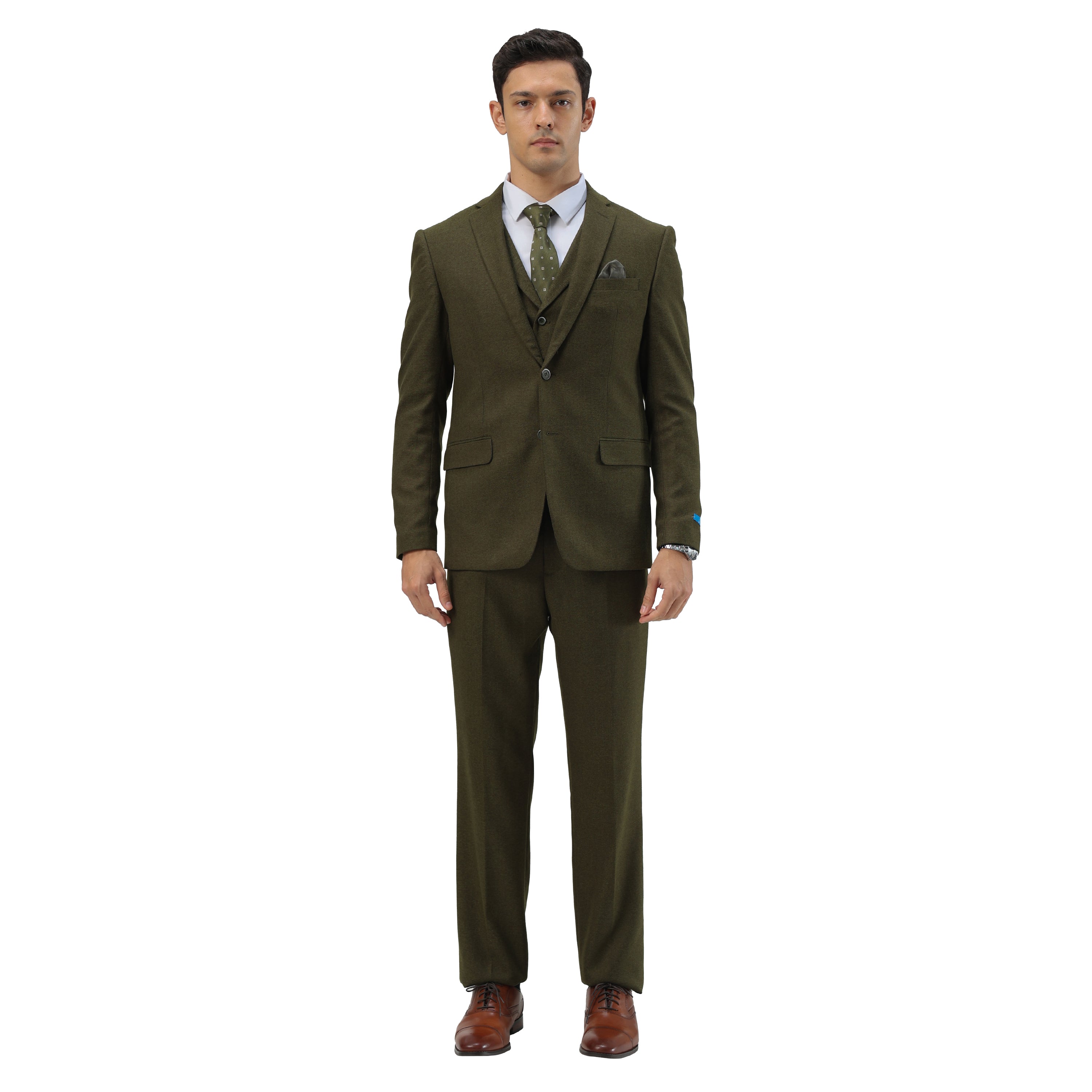 3PC Tweed Suit w/ Expandable Waistband,Olive Green