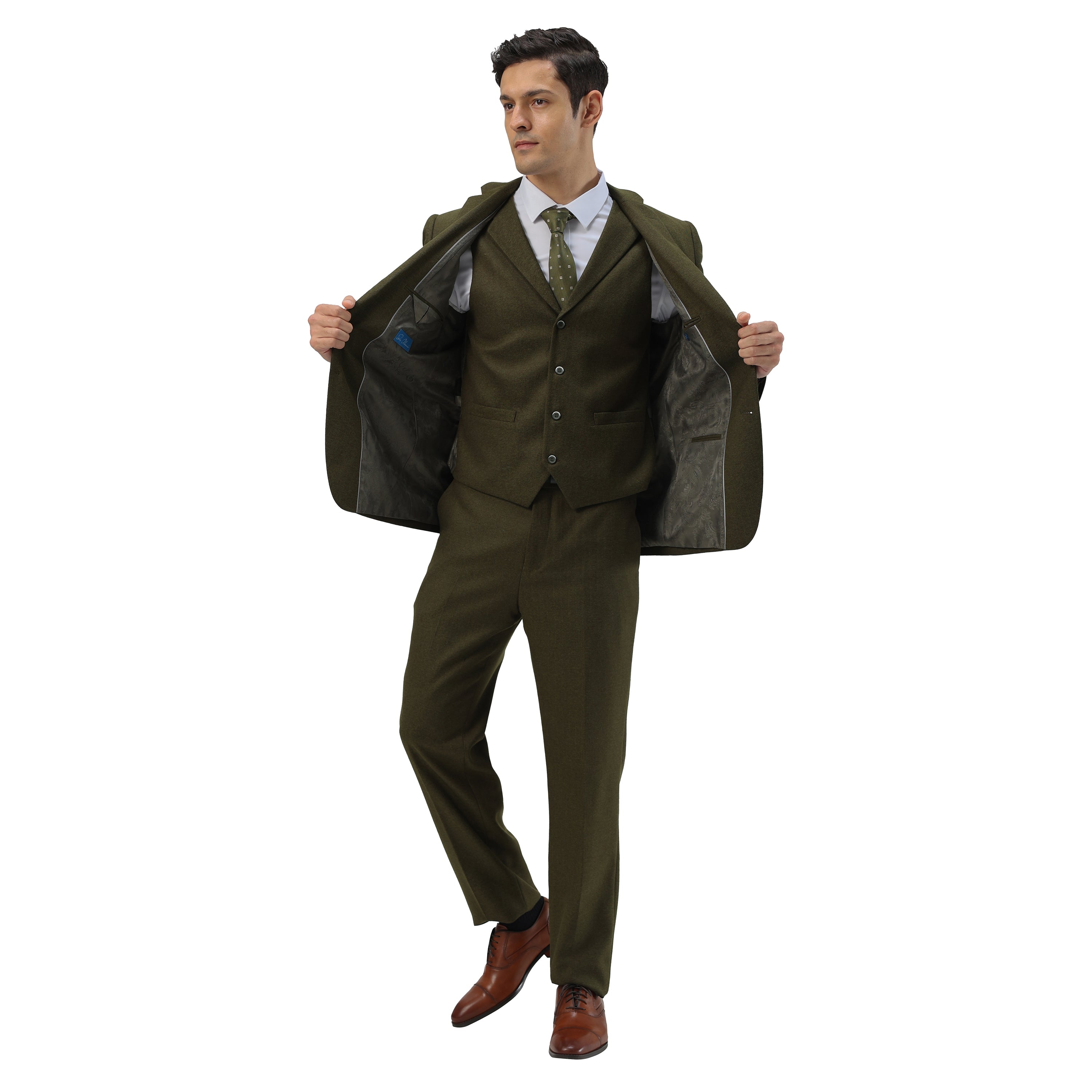 3PC Tweed Suit w/ Expandable Waistband,Olive Green