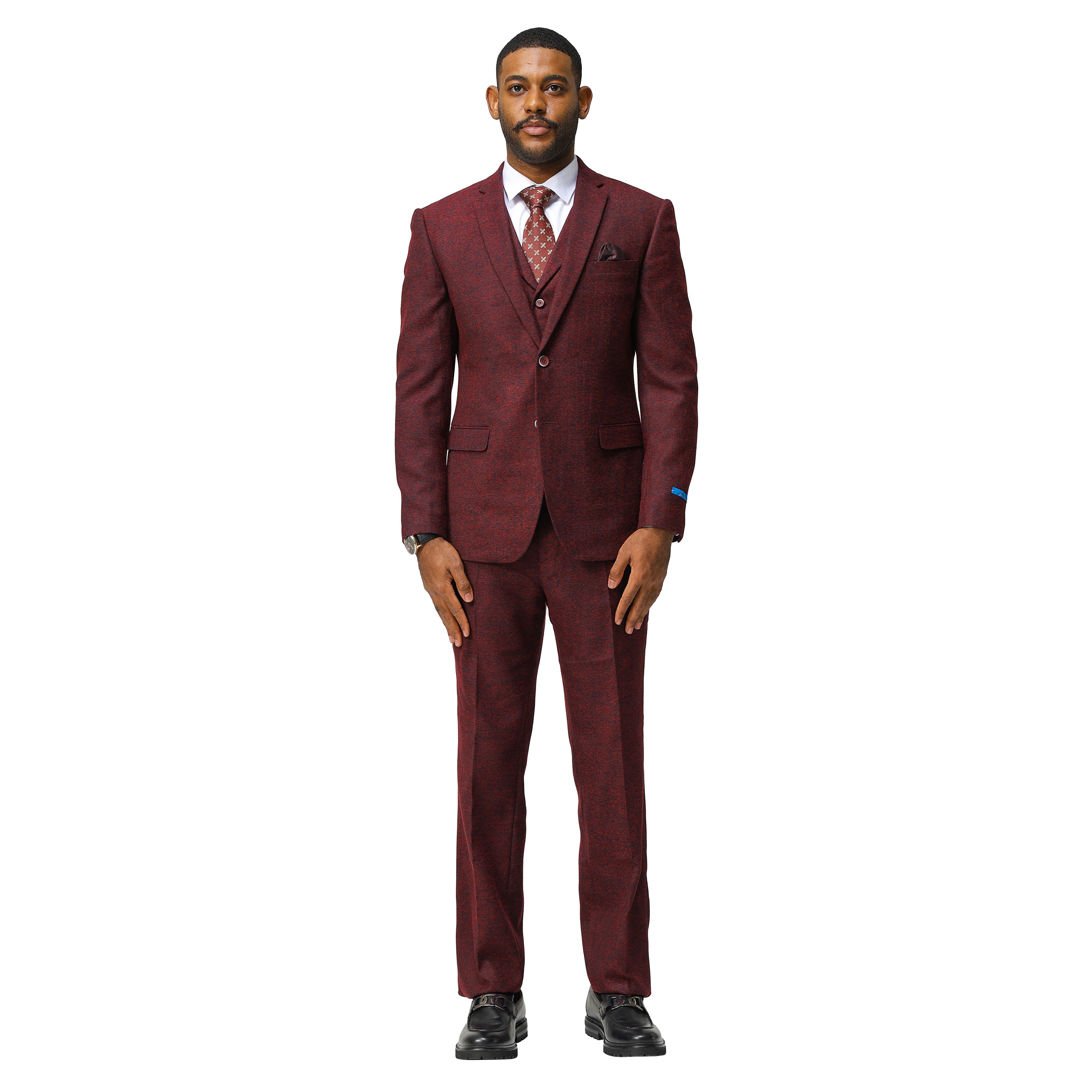 3PC Tweed Suit w/ Expandable Waistband,Burgundy