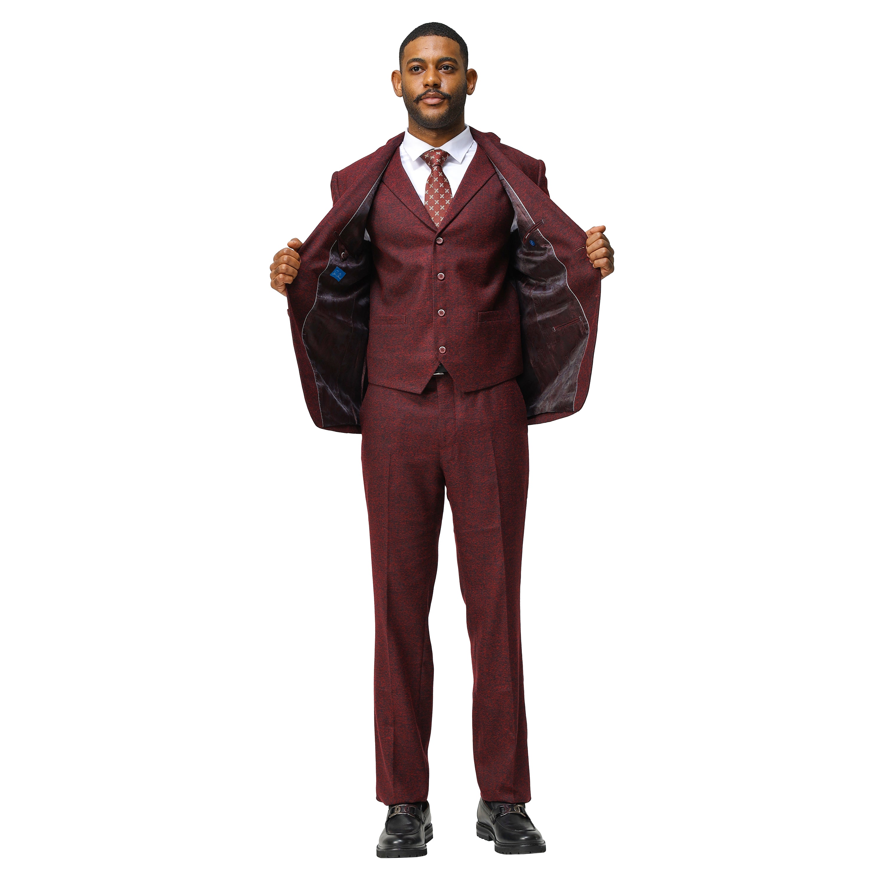 3PC Tweed Suit w/ Expandable Waistband,Burgundy