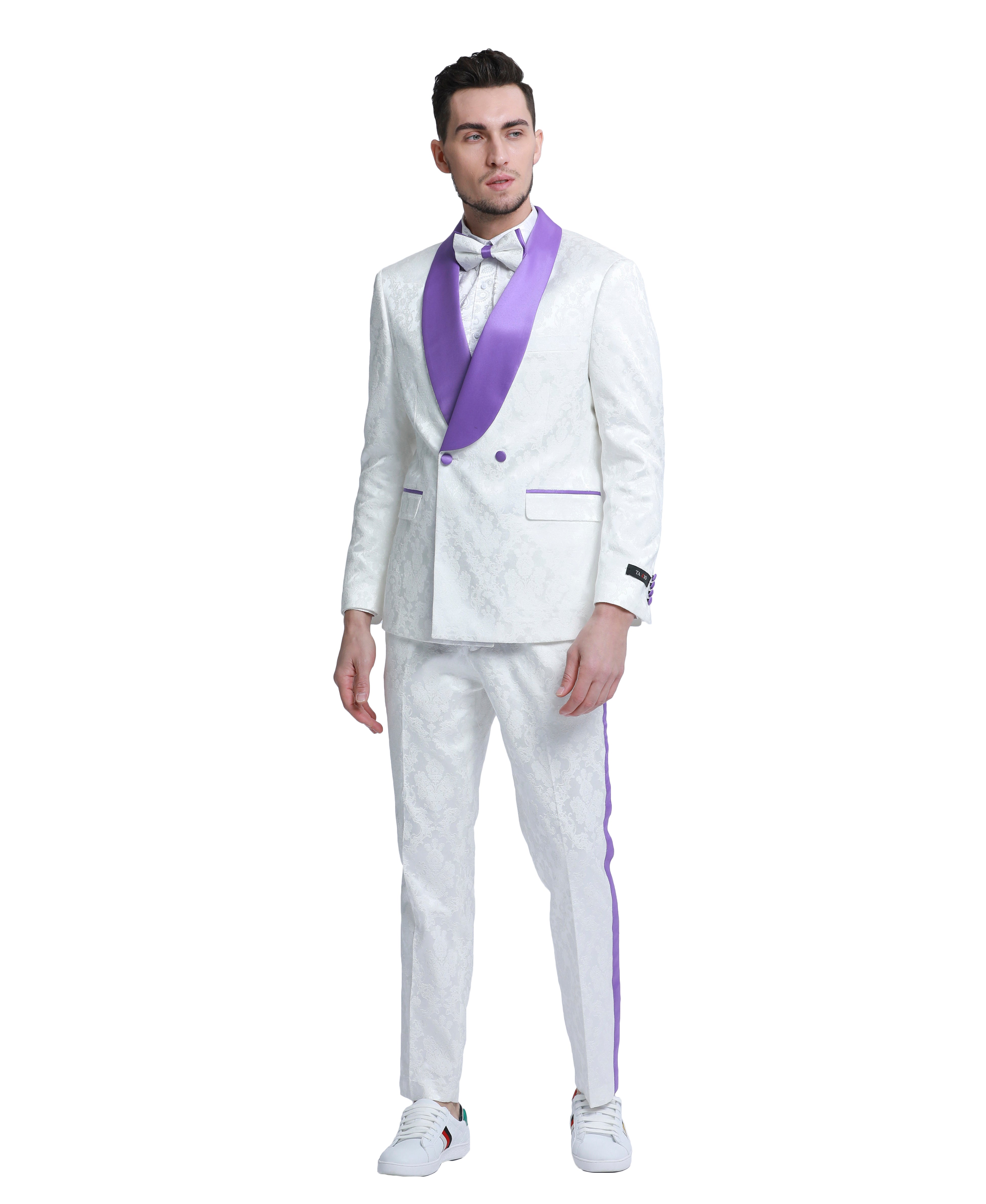 Tazzio Paisley Skinny Fit Shawl Collar Suit, White & Purple