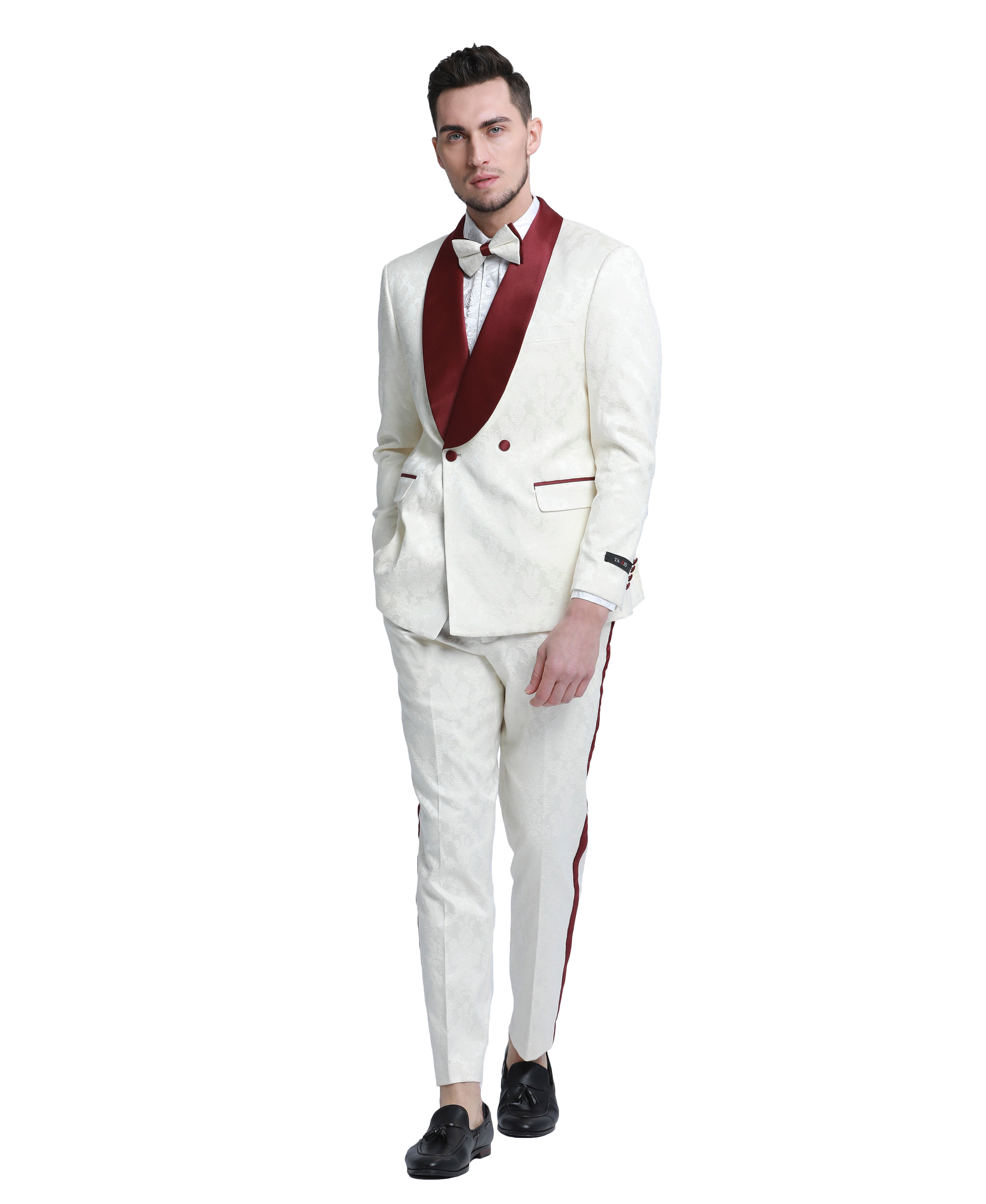 Tazzio Paisley Skinny Fit Shawl Collar Suit, White & Burgundy