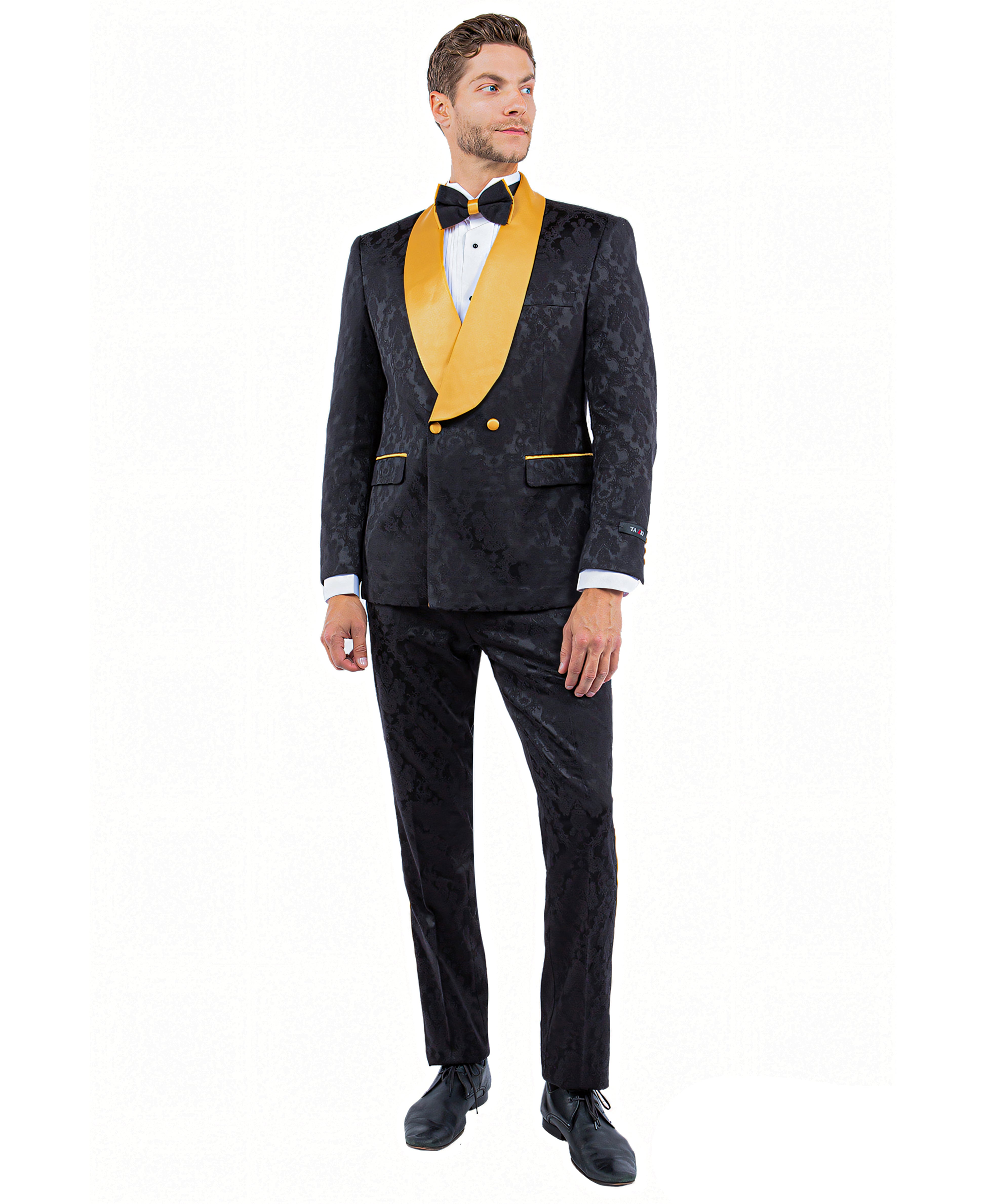 Tazzio Paisley Skinny Fit Shawl Collar Suit, Black & Gold