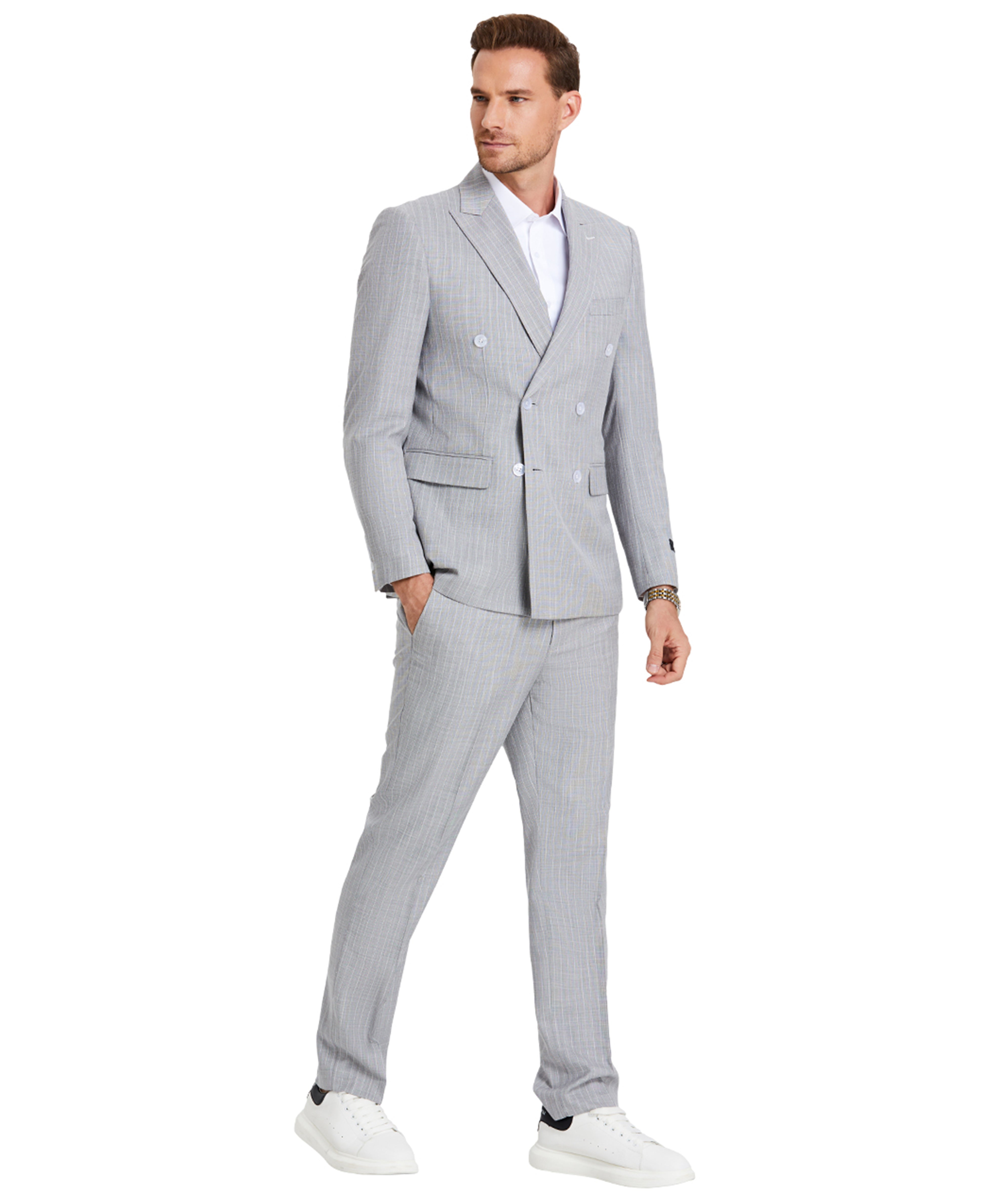 Tazzio Skinny Fit Pinstripe Double-breasted Suit, Light Grey