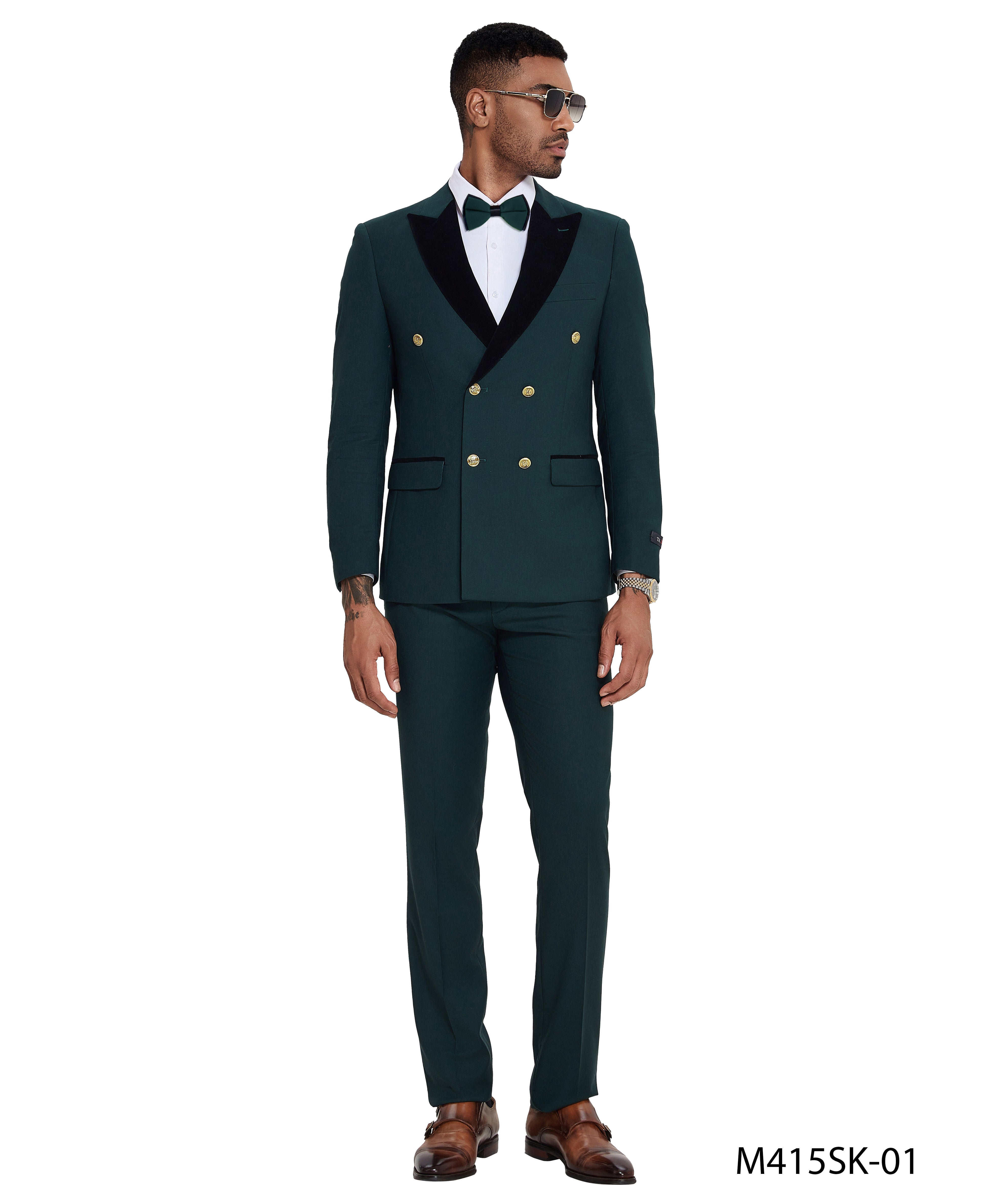 2 PC Solid Satin Peak Lapel Double Breasted Suit