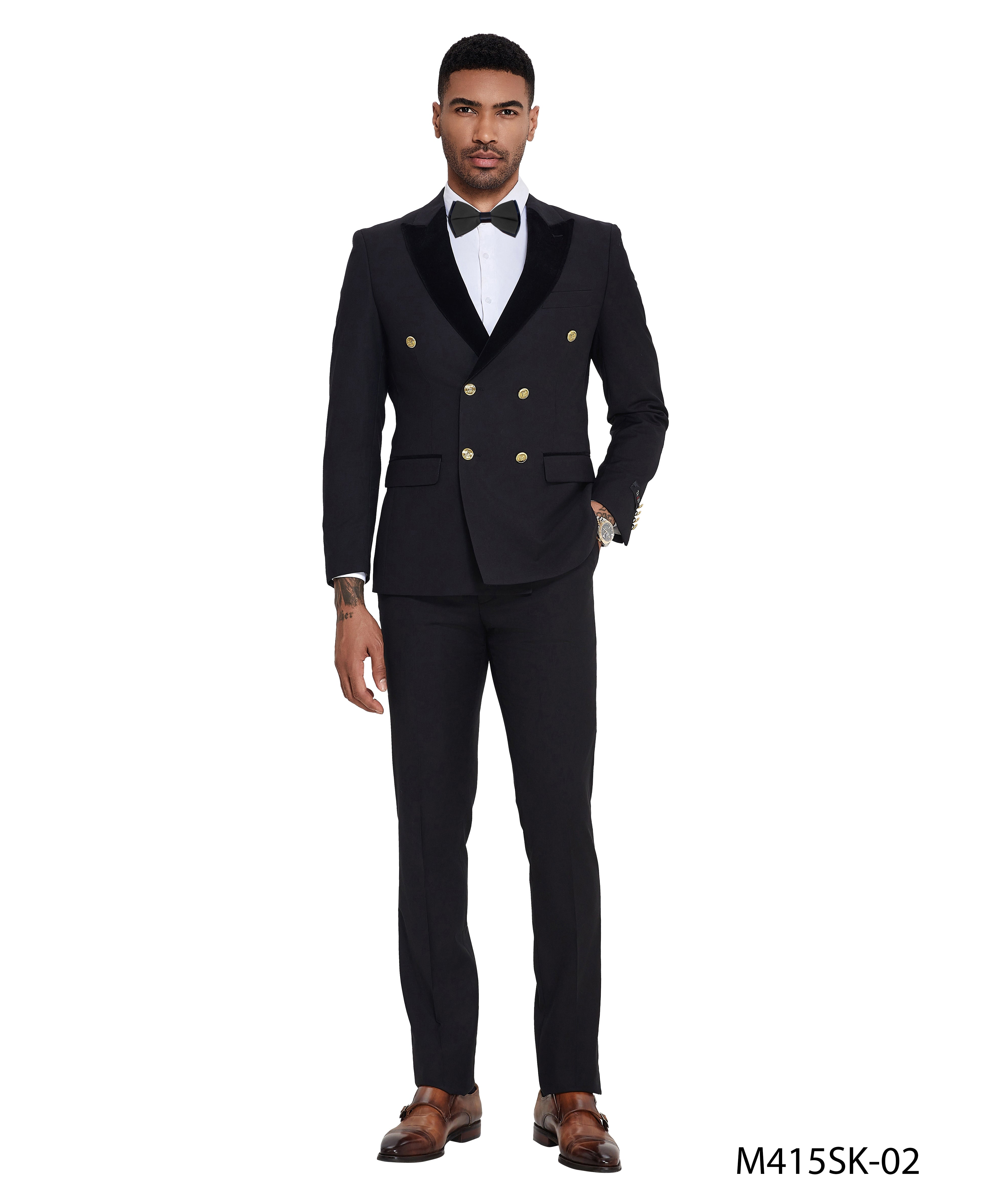2 PC Solid Satin Peak Lapel Double Breasted Suit