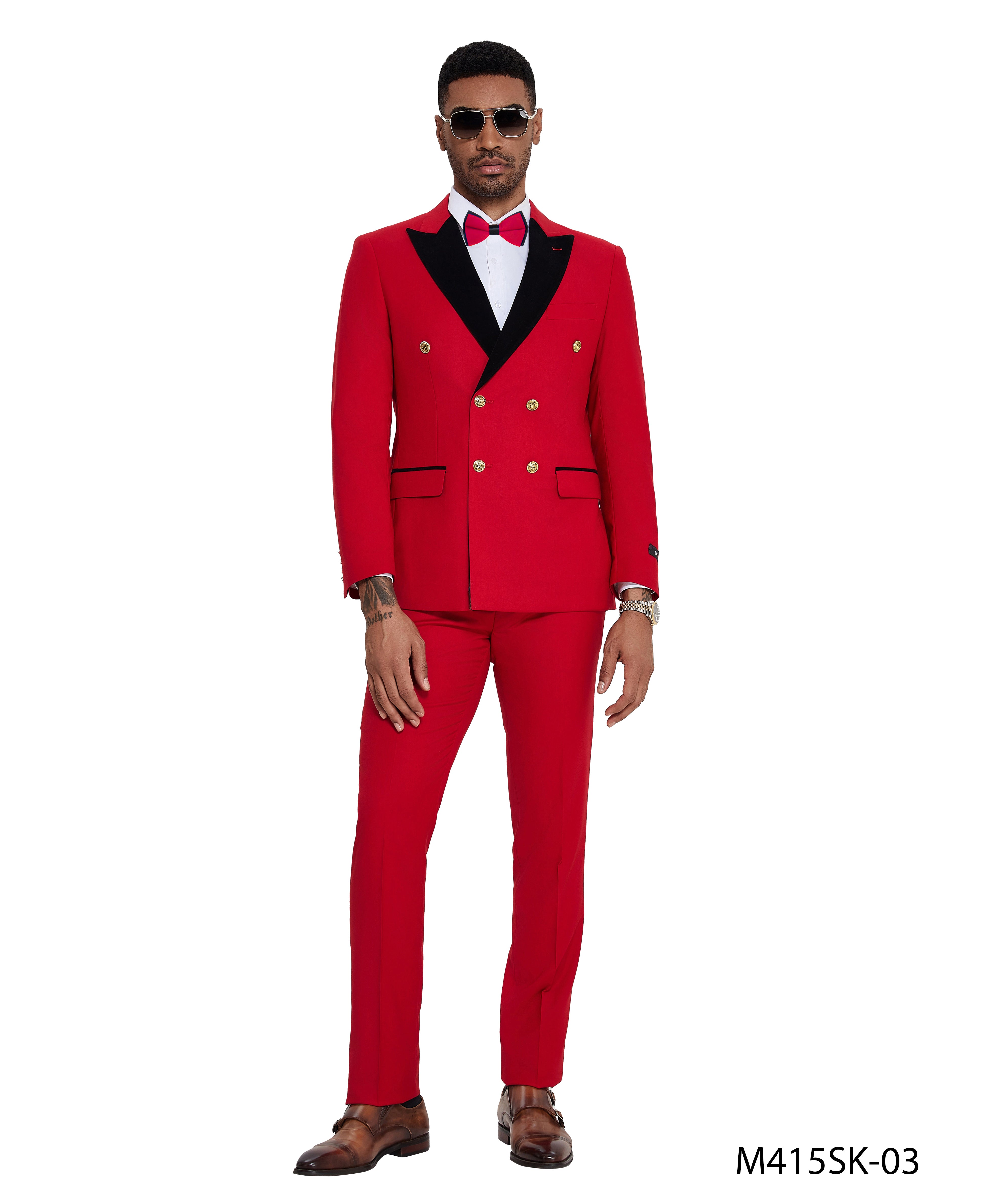 2 PC Solid Satin Peak Lapel Double Breasted Suit