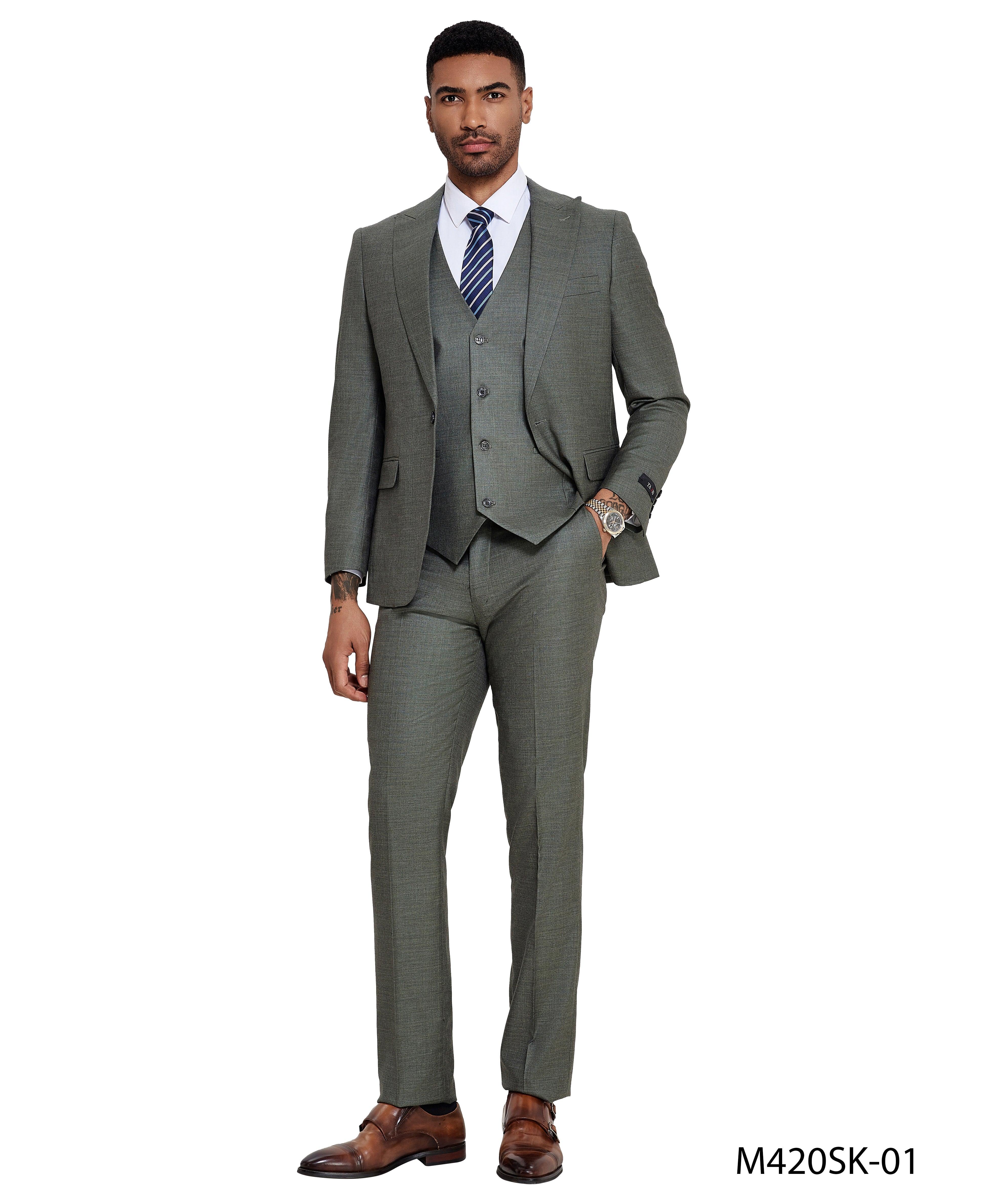 2 PC Solid Satin Peak Lapel Double Breasted Suit