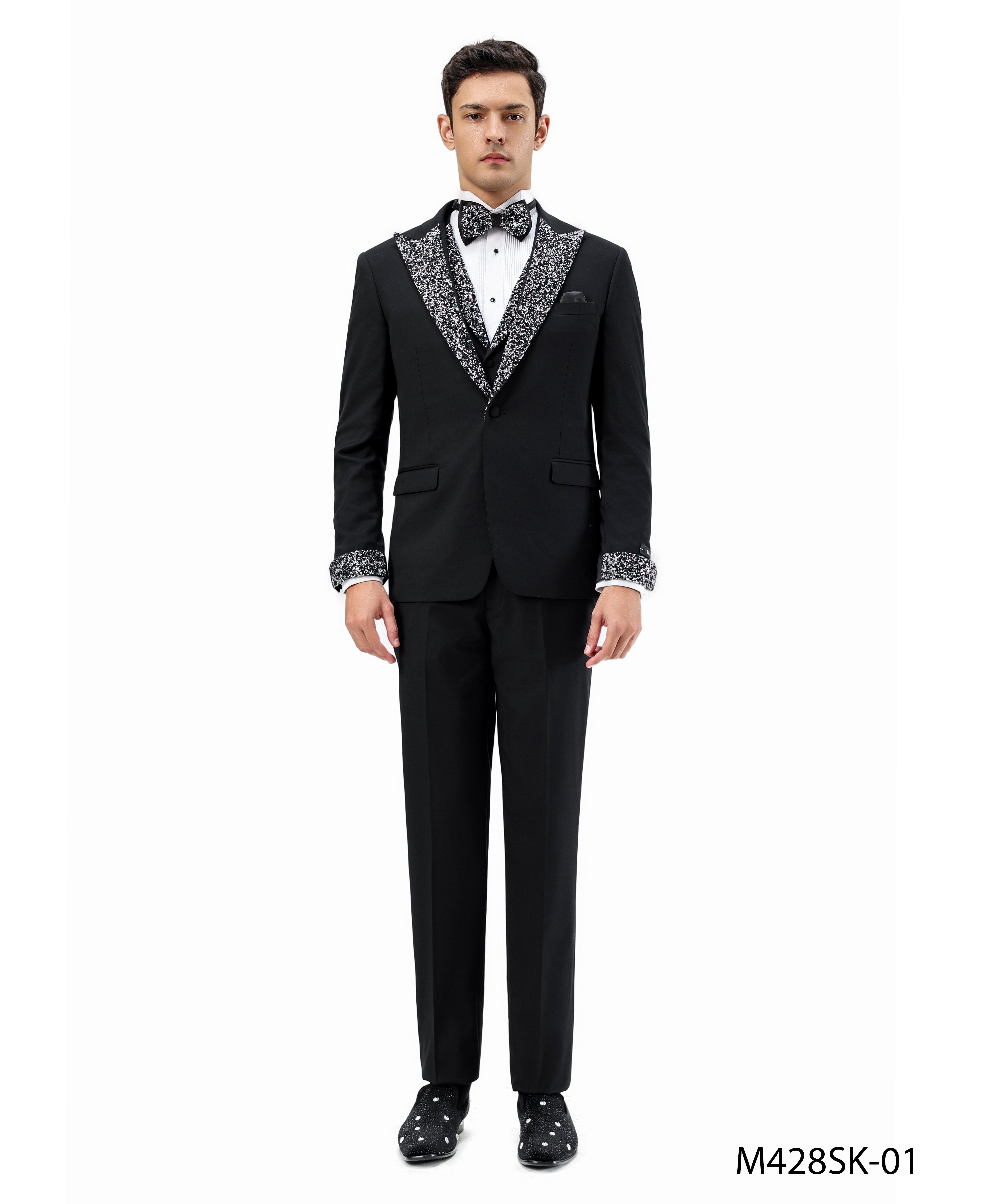 3 PC Solid Satin Rhinestone Peak Lapel Collared Vest Suit
