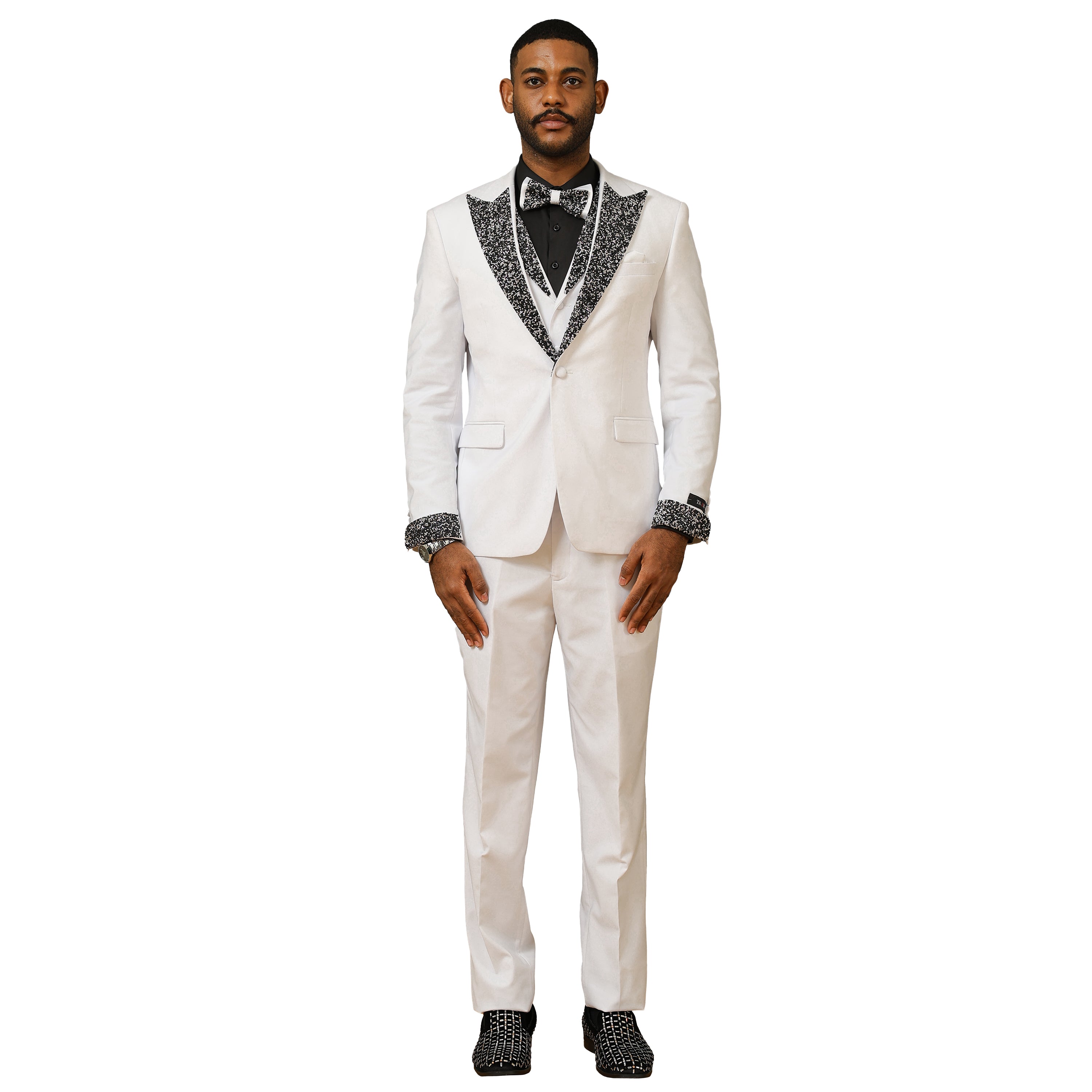 3 PC Solid Satin Rhinestone Peak Lapel Collared Vest Suit