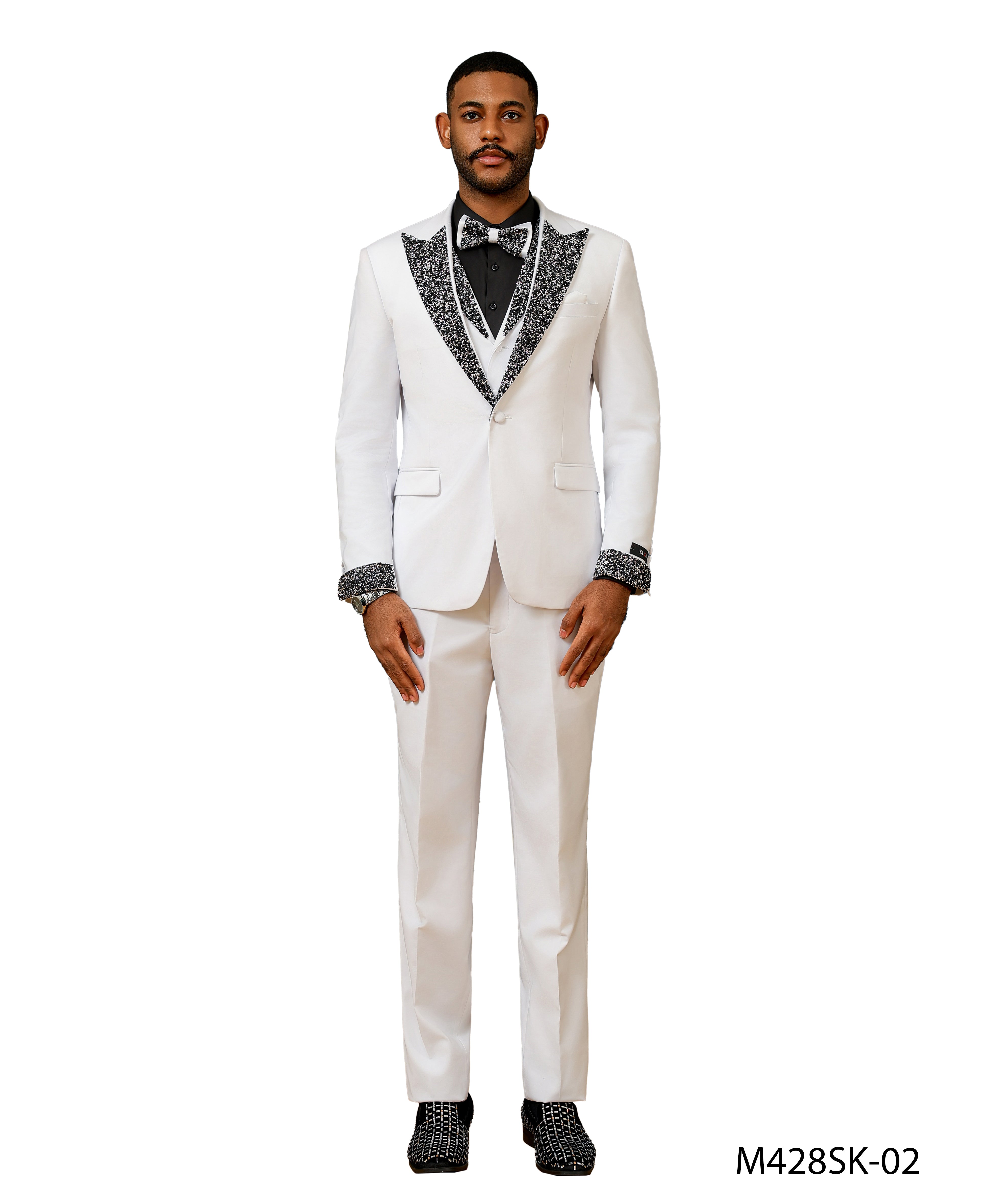 3 PC Solid Satin Rhinestone Peak Lapel Collared Vest Suit